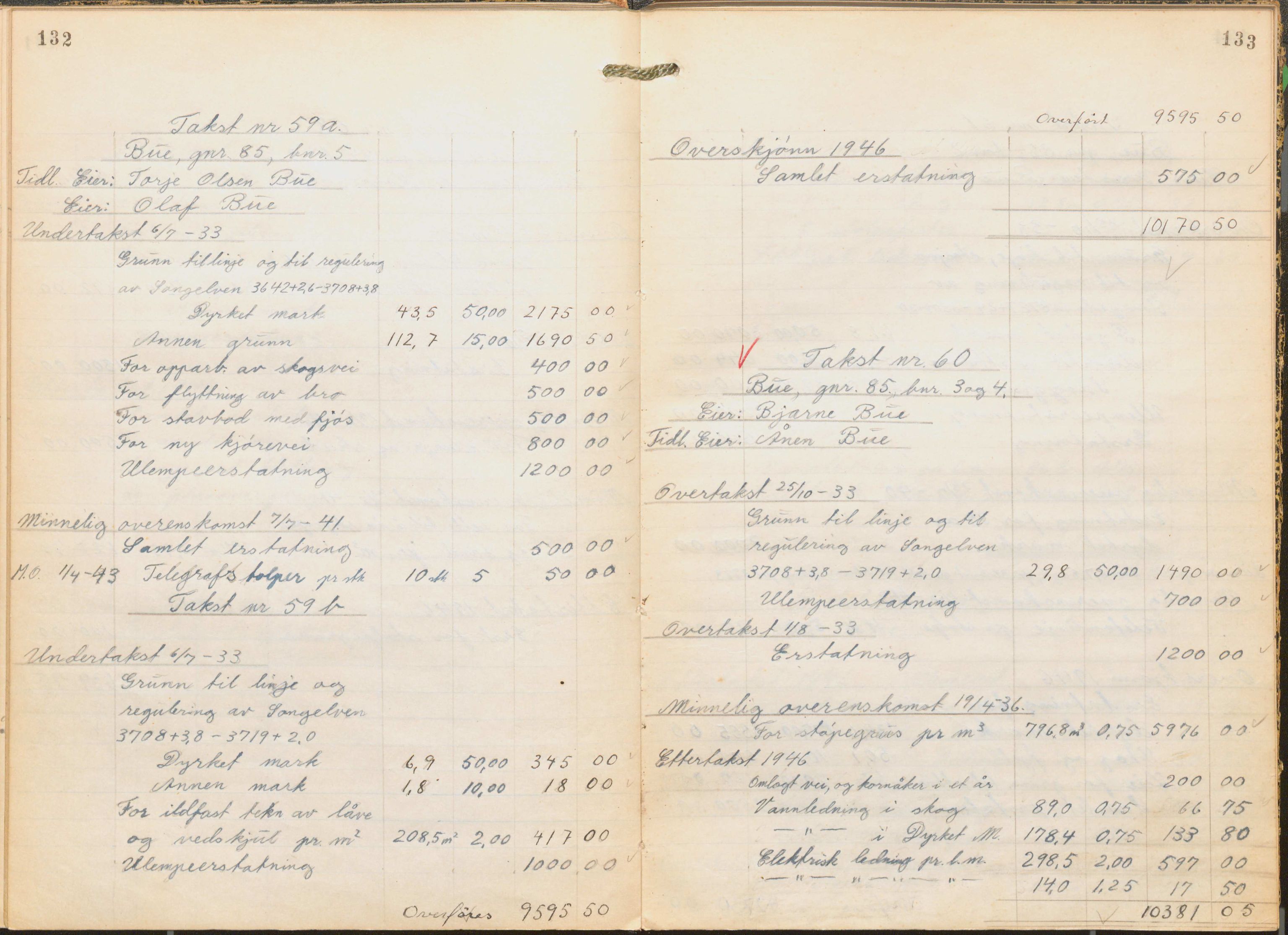 NSB Baneavdelingen, SAK/1821-0004/F/Fc/Fch/L0256/0003: Grunnerstatninger, målebrev / Kartkonduktørprotokoll for Kristiansand - Moi, 1. og 2. avd., 1947, s. 132-133