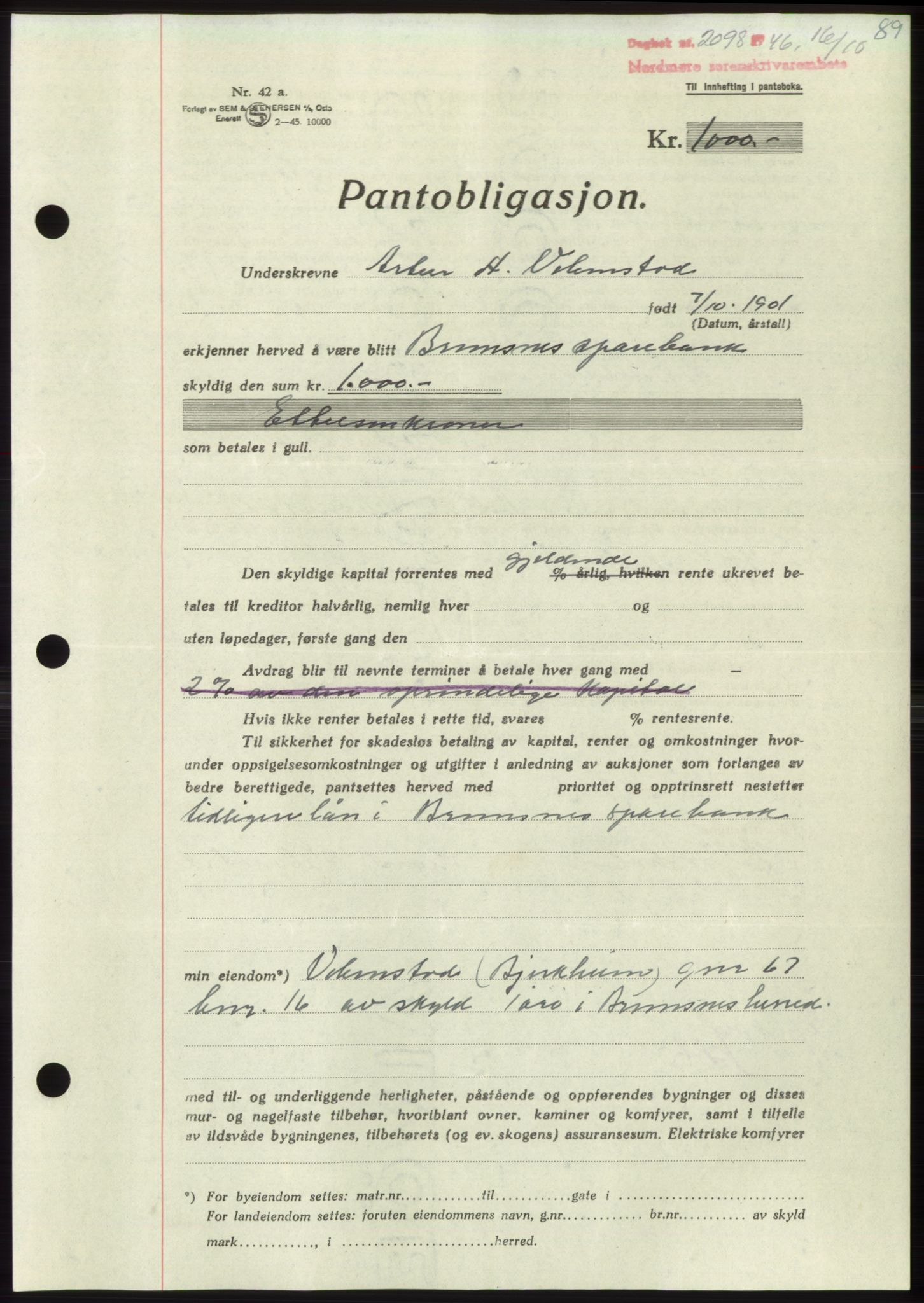 Nordmøre sorenskriveri, SAT/A-4132/1/2/2Ca: Pantebok nr. B95, 1946-1947, Dagboknr: 2098/1946