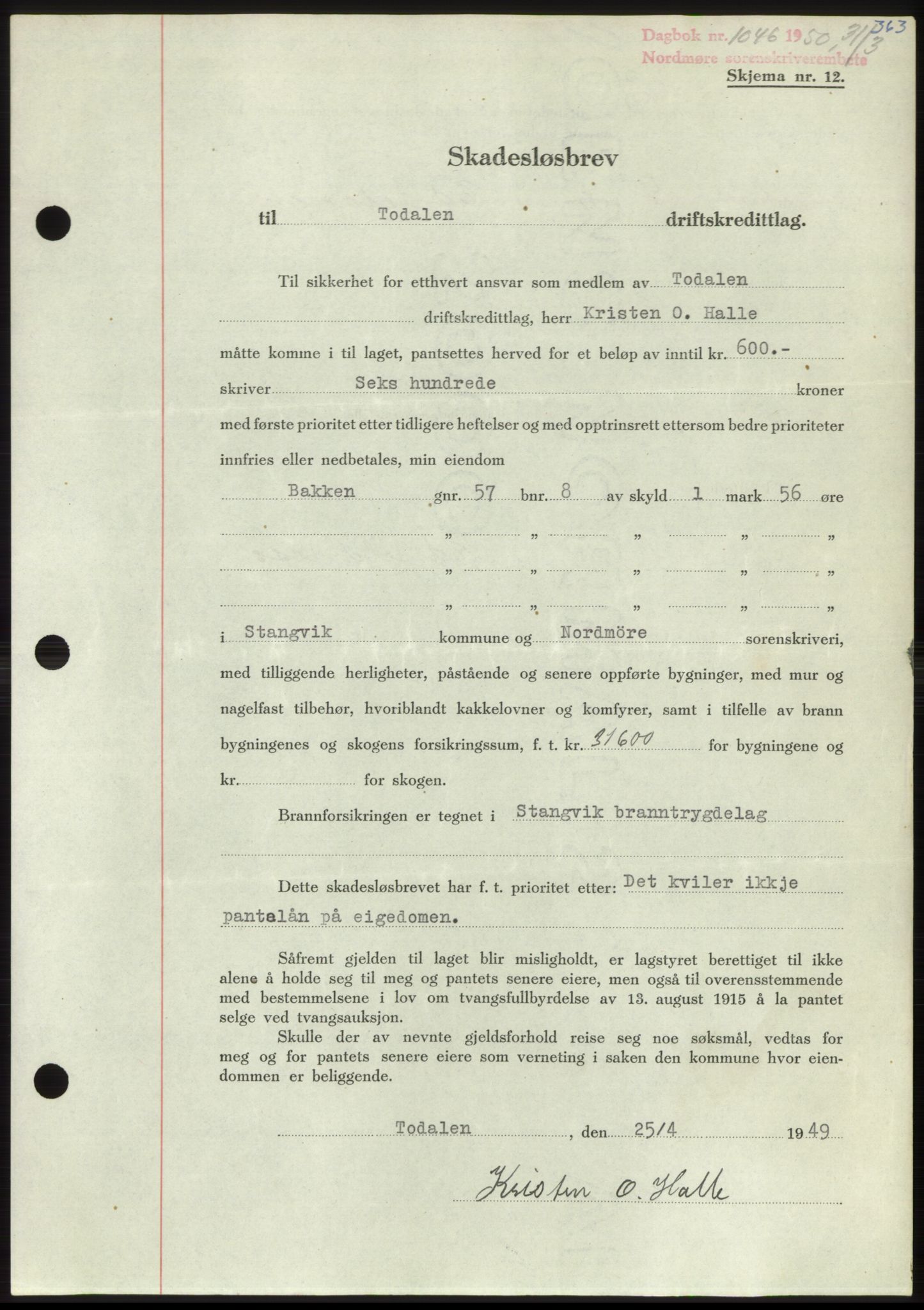 Nordmøre sorenskriveri, SAT/A-4132/1/2/2Ca: Pantebok nr. B104, 1950-1950, Dagboknr: 1046/1950
