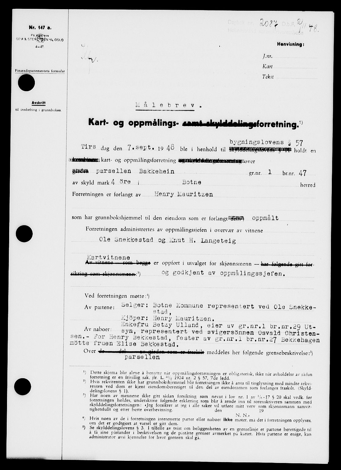 Holmestrand sorenskriveri, SAKO/A-67/G/Ga/Gaa/L0065: Pantebok nr. A-65, 1948-1949, Dagboknr: 2087/1948