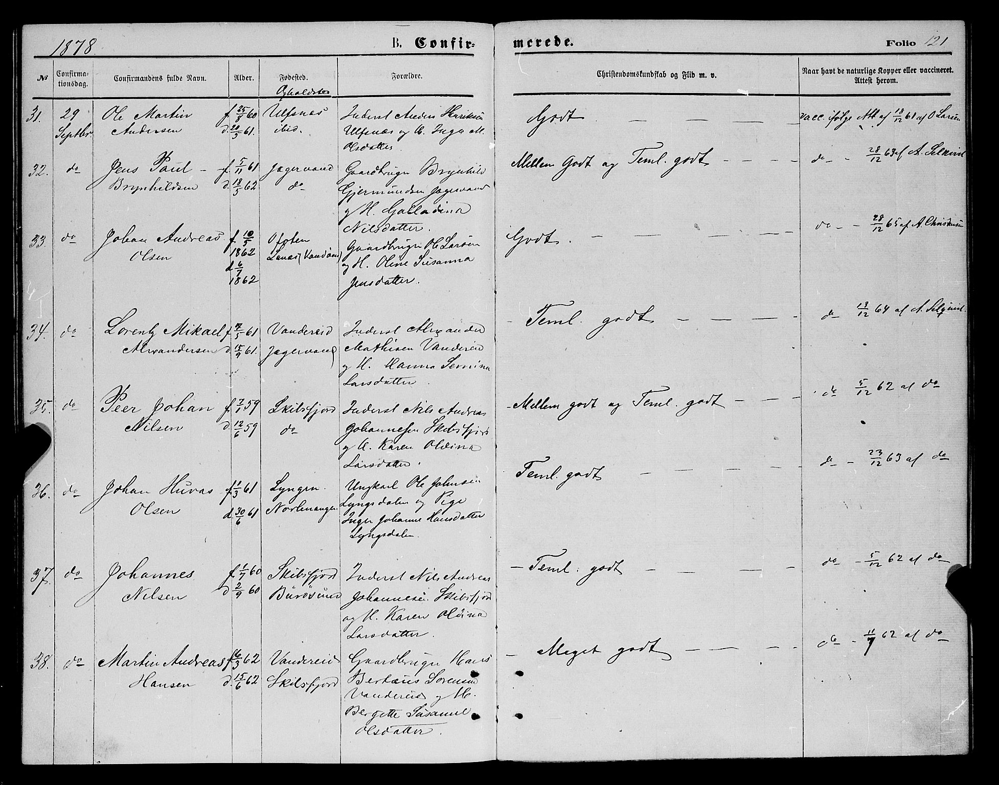 Karlsøy sokneprestembete, AV/SATØ-S-1299/H/Ha/Haa/L0005kirke: Ministerialbok nr. 5, 1872-1878, s. 121