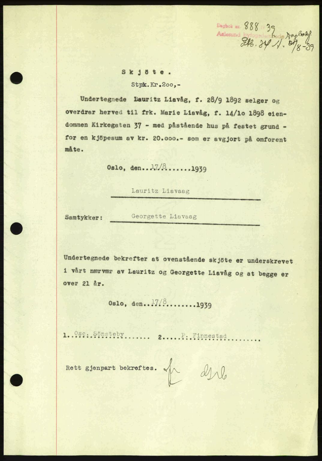 Ålesund byfogd, AV/SAT-A-4384: Pantebok nr. 34 II, 1938-1940, Dagboknr: 888/1939
