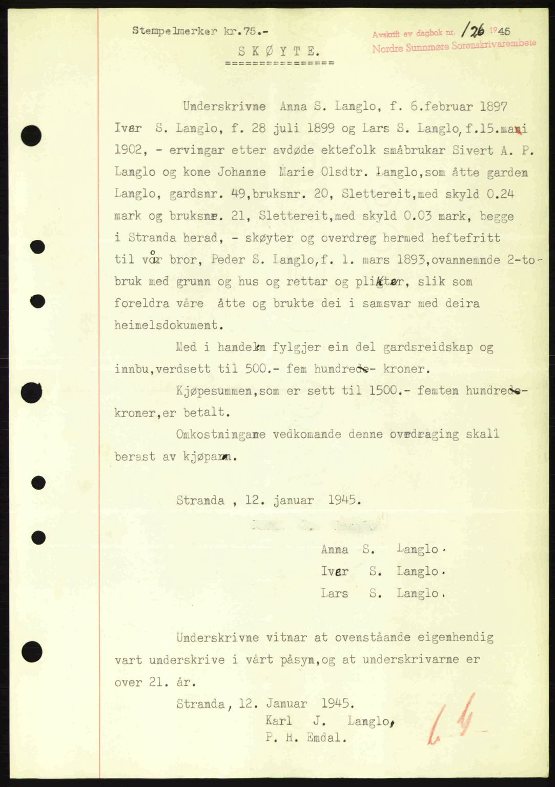 Nordre Sunnmøre sorenskriveri, SAT/A-0006/1/2/2C/2Ca: Pantebok nr. A19, 1944-1945, Dagboknr: 126/1945