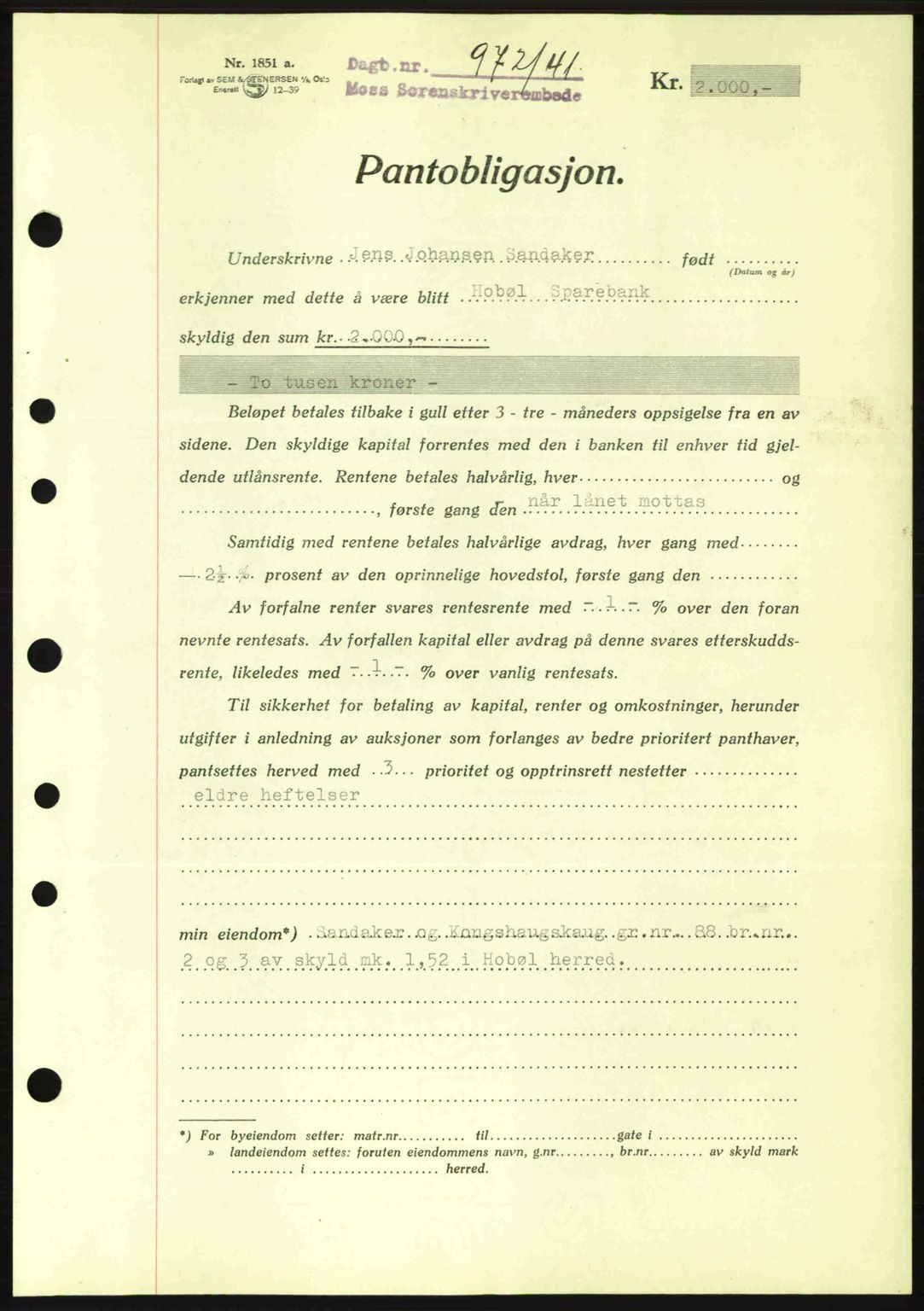 Moss sorenskriveri, SAO/A-10168: Pantebok nr. B10, 1940-1941, Dagboknr: 972/1941