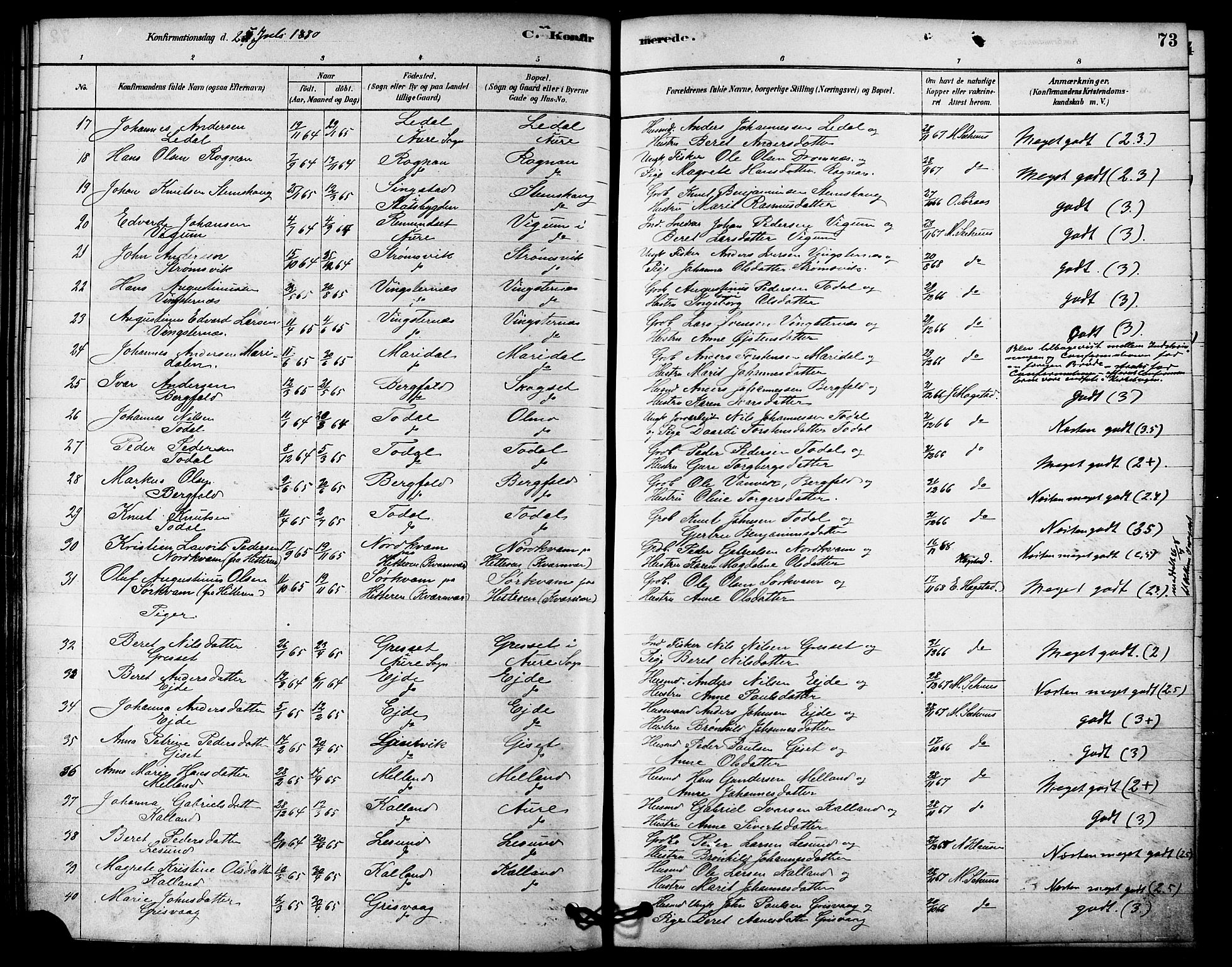 Ministerialprotokoller, klokkerbøker og fødselsregistre - Møre og Romsdal, AV/SAT-A-1454/578/L0906: Ministerialbok nr. 578A05, 1878-1886, s. 73