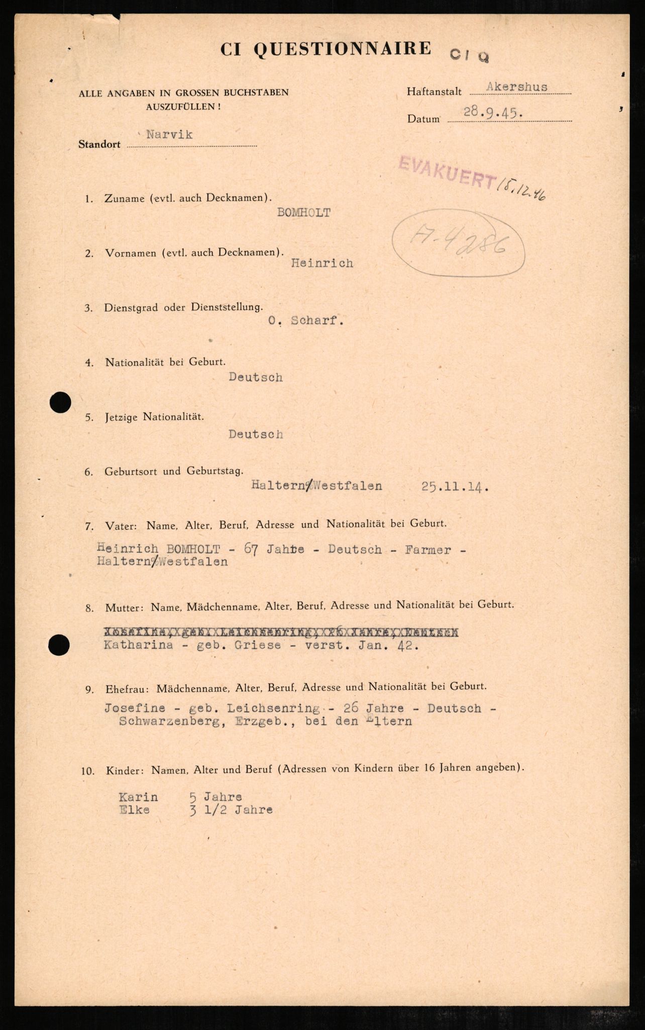 Forsvaret, Forsvarets overkommando II, RA/RAFA-3915/D/Db/L0003: CI Questionaires. Tyske okkupasjonsstyrker i Norge. Tyskere., 1945-1946, s. 577