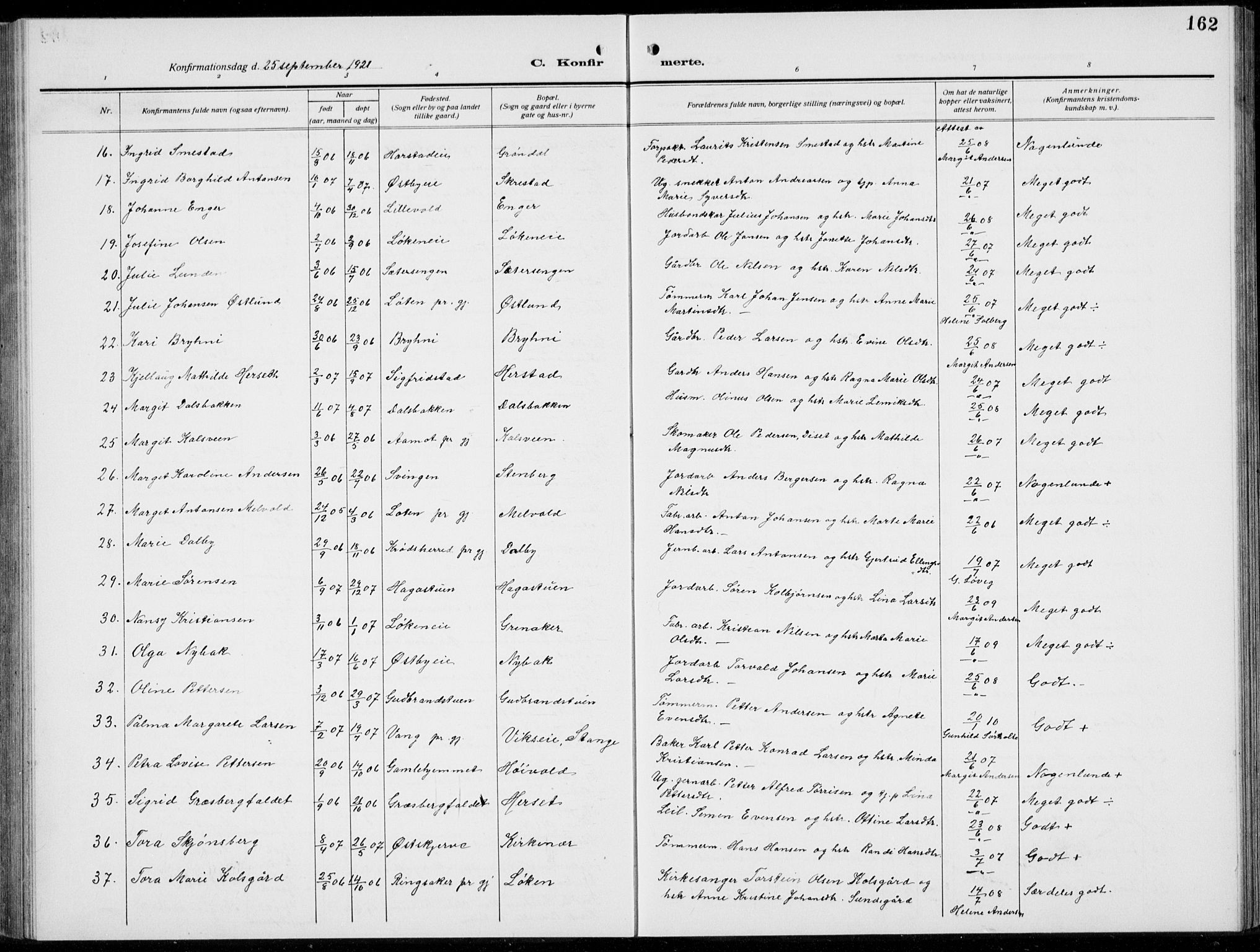 Romedal prestekontor, AV/SAH-PREST-004/L/L0014: Klokkerbok nr. 14, 1915-1939, s. 162