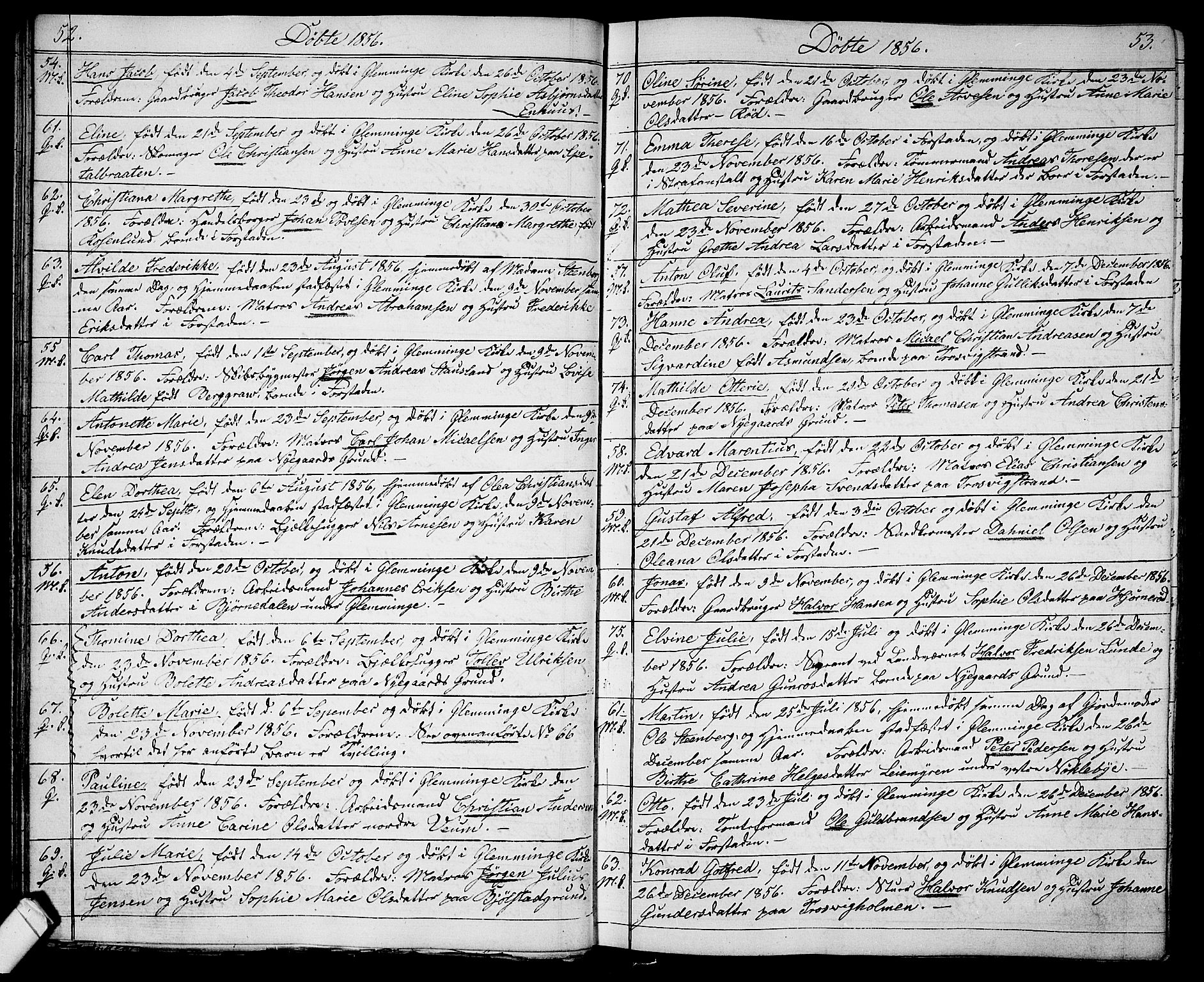 Glemmen prestekontor Kirkebøker, AV/SAO-A-10908/G/Ga/L0003: Klokkerbok nr. 3, 1852-1866, s. 52-53