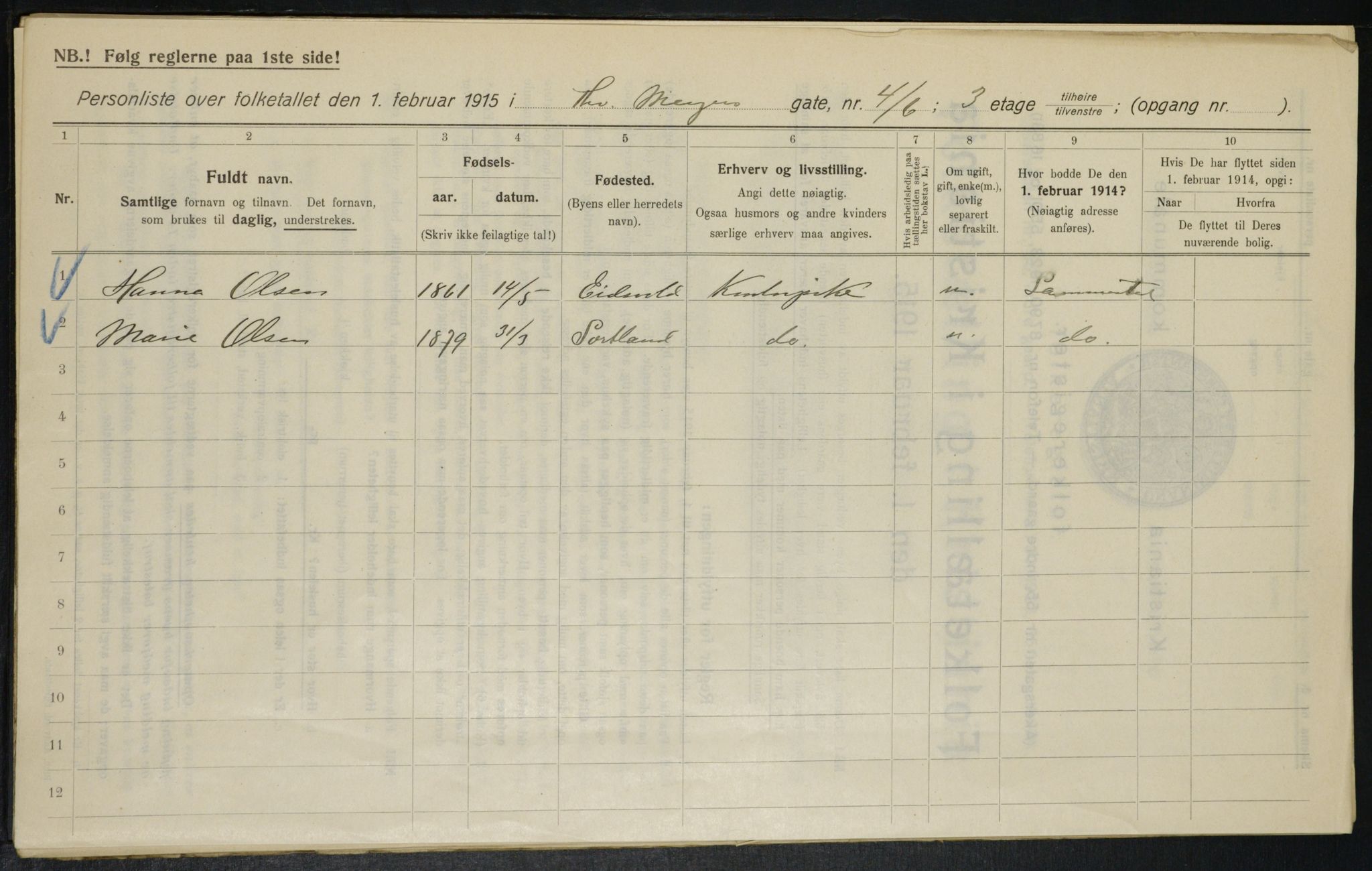 OBA, Kommunal folketelling 1.2.1915 for Kristiania, 1915, s. 109797