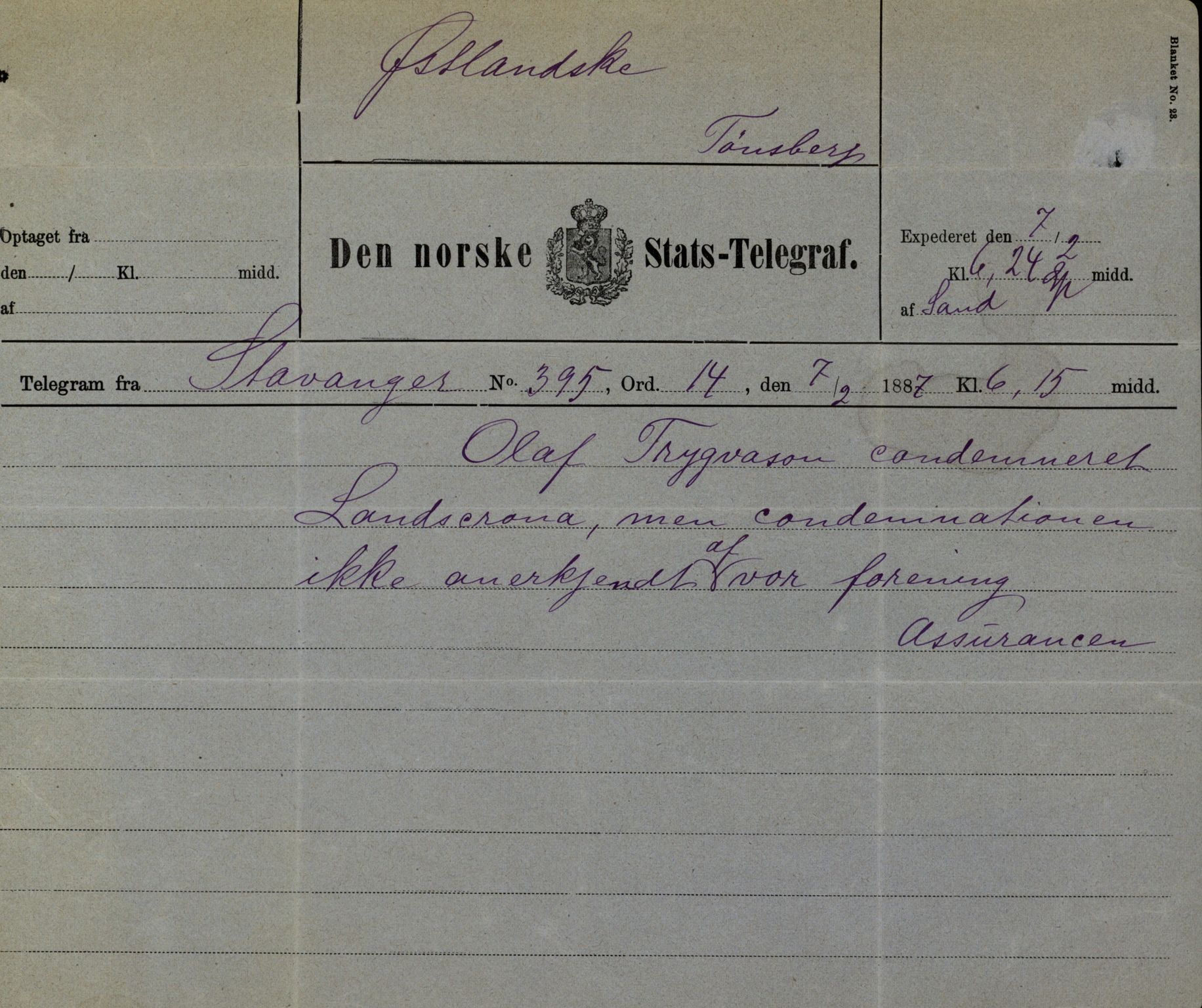 Pa 63 - Østlandske skibsassuranceforening, VEMU/A-1079/G/Ga/L0019/0006: Havaridokumenter / Sømand, Olaf Trygvason, Norden, Præsident, Protector, 1886, s. 9