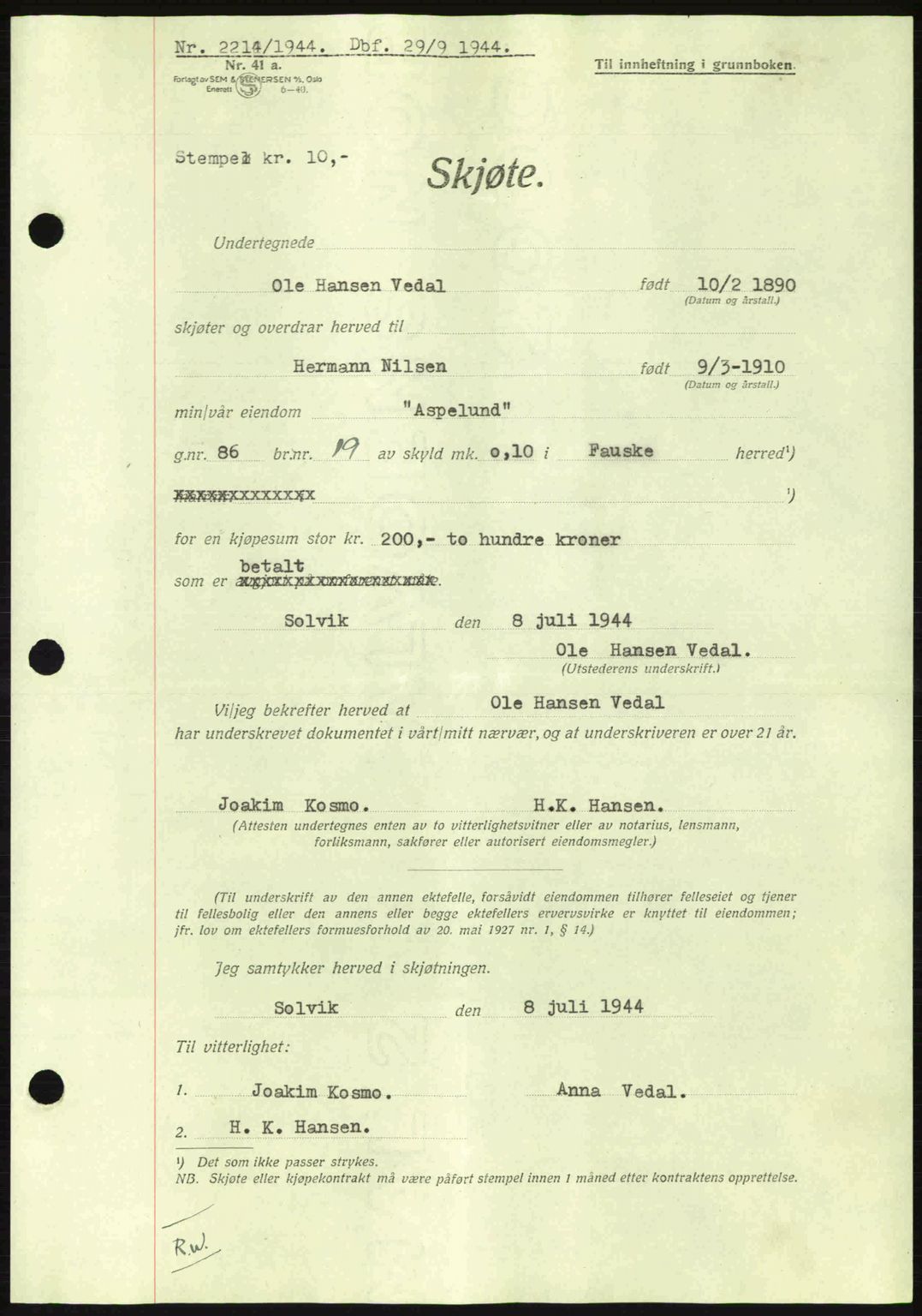 Salten sorenskriveri, SAT/A-4578/1/2/2C: Pantebok nr. A14-15, 1943-1945, Dagboknr: 2214/1944