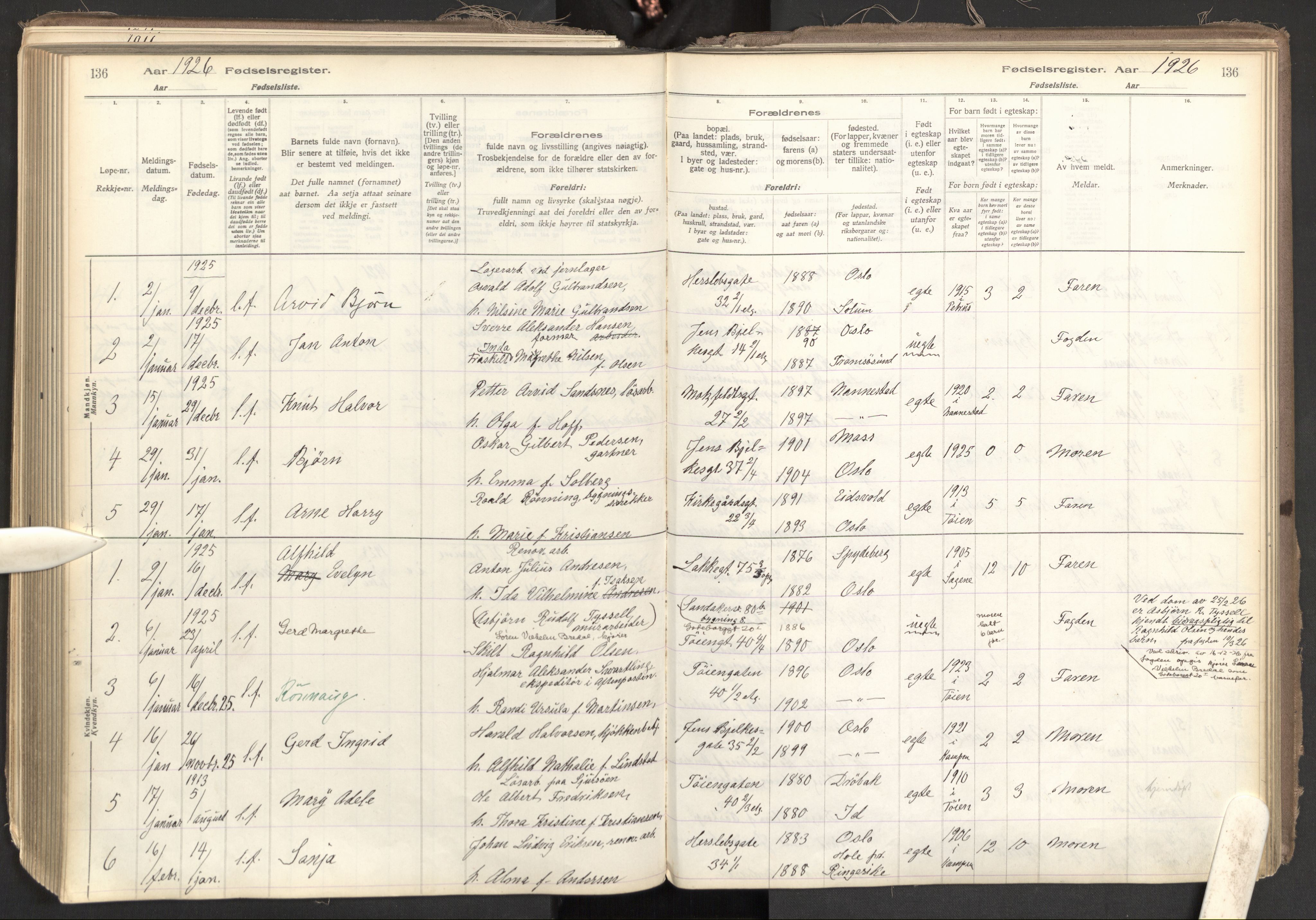 Tøyen prestekontor Kirkebøker, SAO/A-10167a/J/Ja/L0001: Fødselsregister nr. 1, 1916-1944, s. 136
