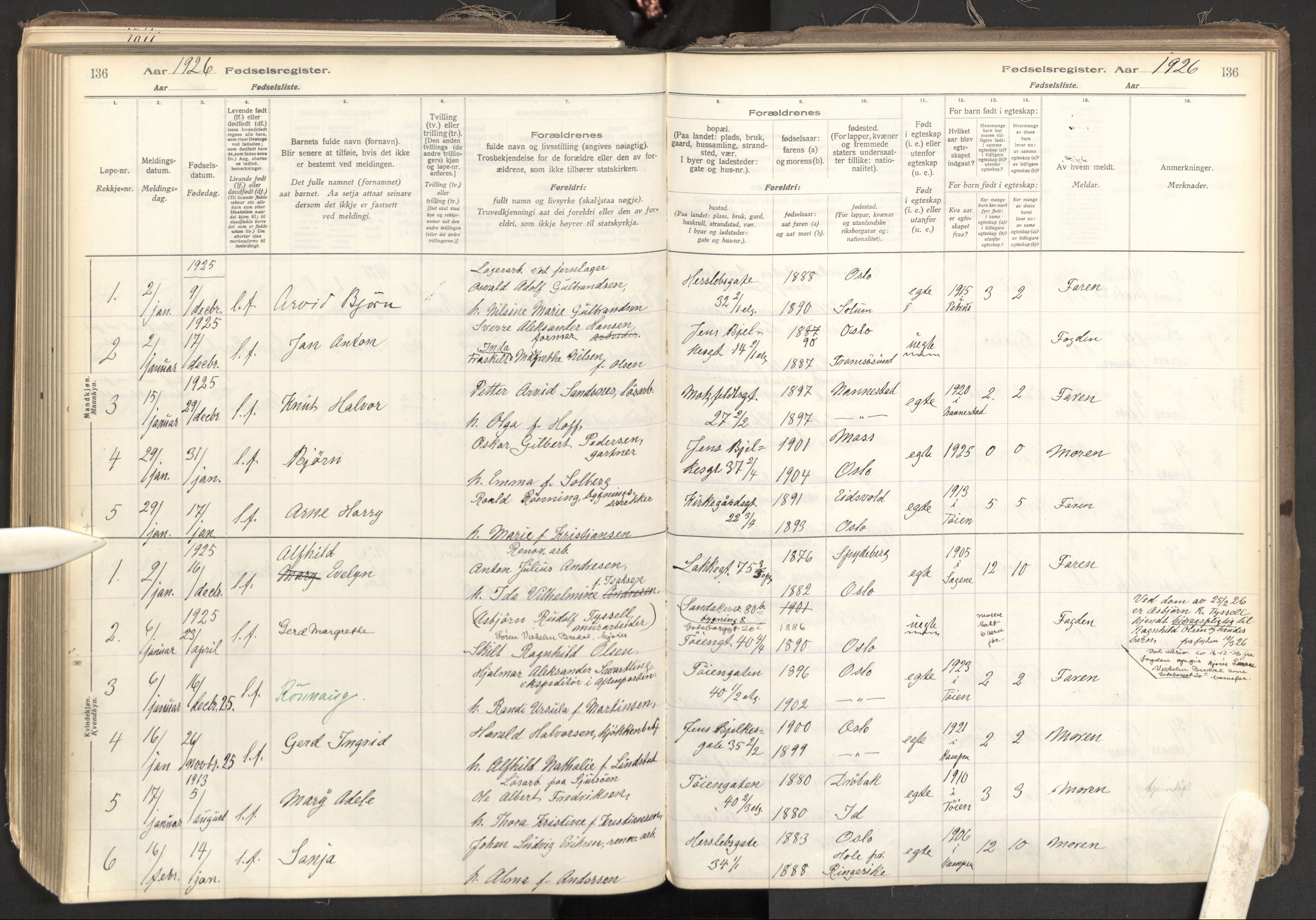 Tøyen prestekontor Kirkebøker, AV/SAO-A-10167a/J/Ja/L0001: Fødselsregister nr. 1, 1916-1944, s. 136