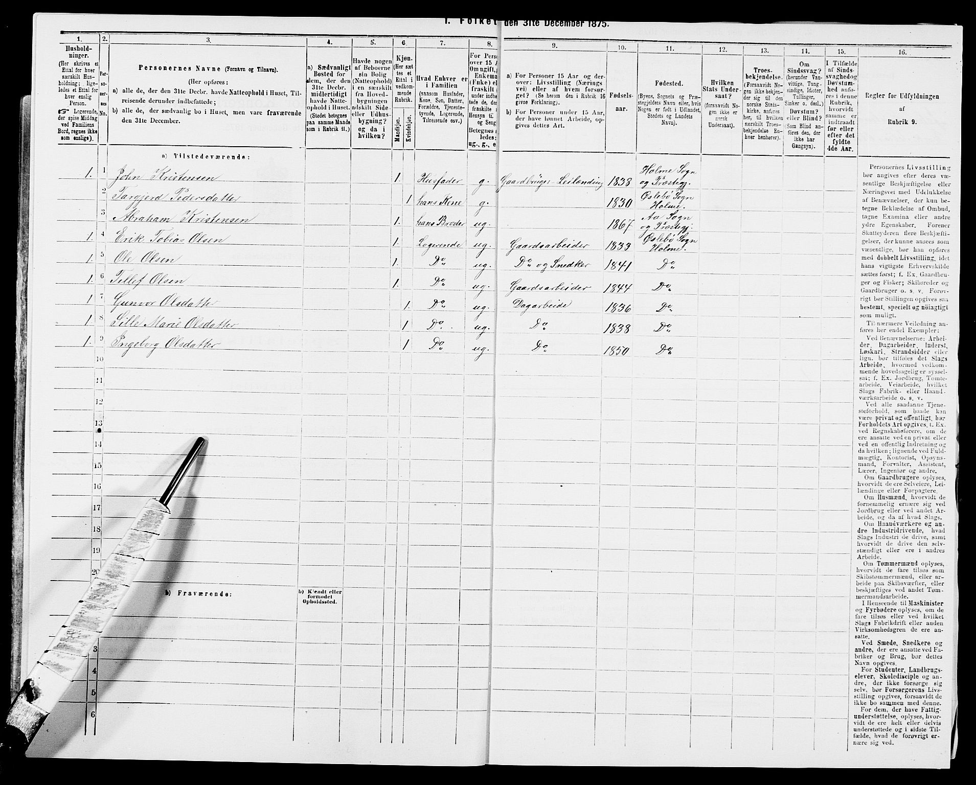 SAK, Folketelling 1875 for 1020P Holum prestegjeld, 1875, s. 729