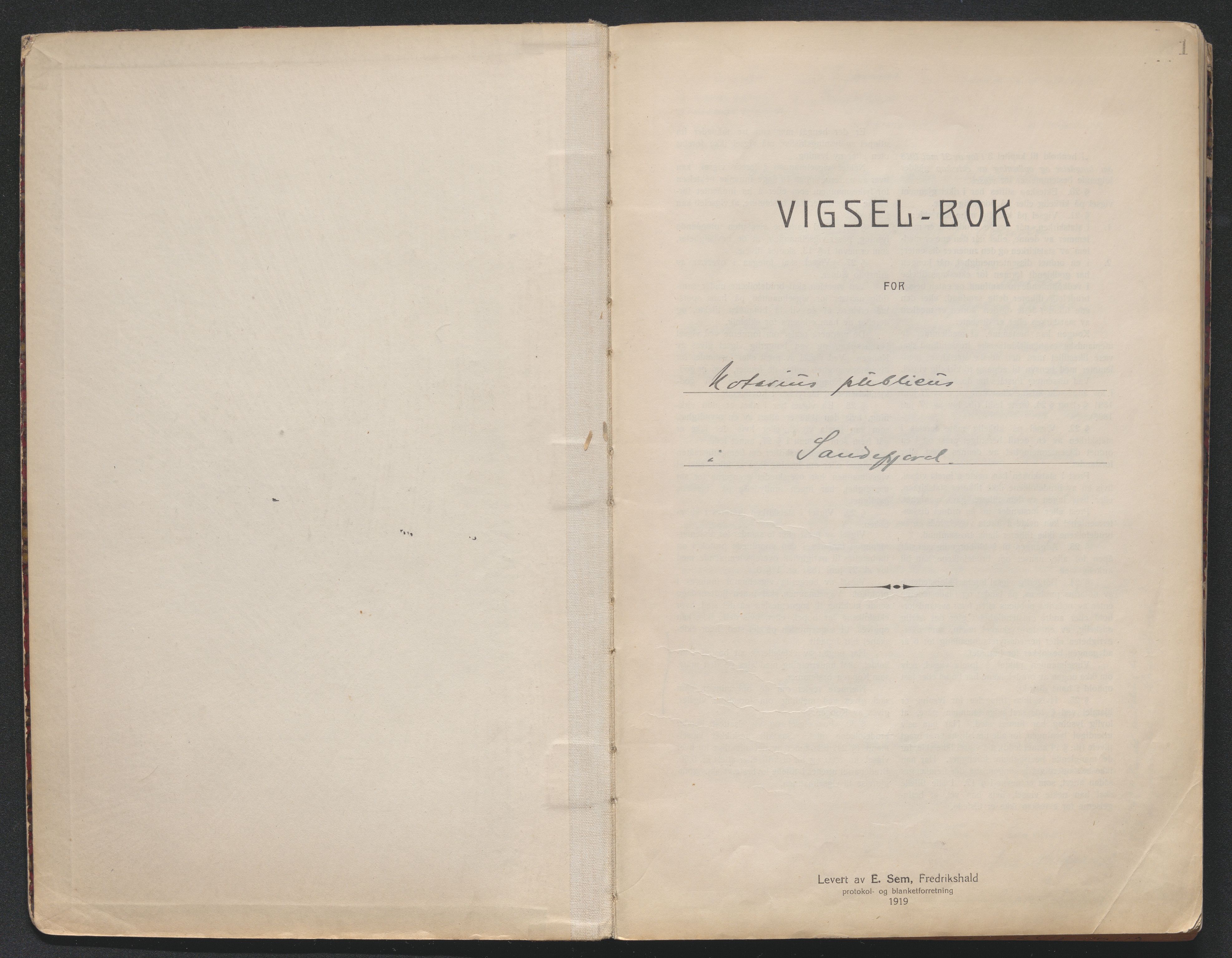 Sandar sorenskriveri, SAKO/A-86/L/Lb/L0001: Vigselselbok, 1921-1942, s. 1