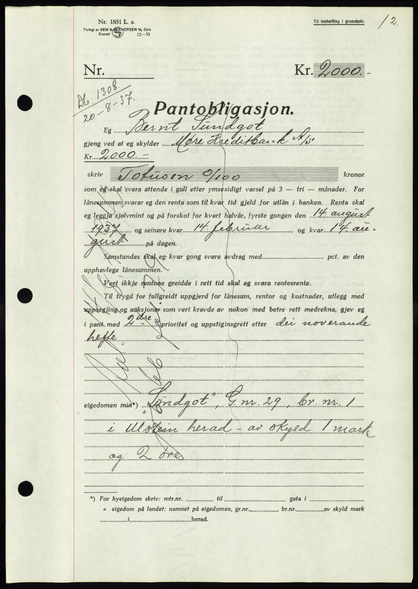 Søre Sunnmøre sorenskriveri, AV/SAT-A-4122/1/2/2C/L0064: Pantebok nr. 58, 1937-1938, Dagboknr: 1308/1937