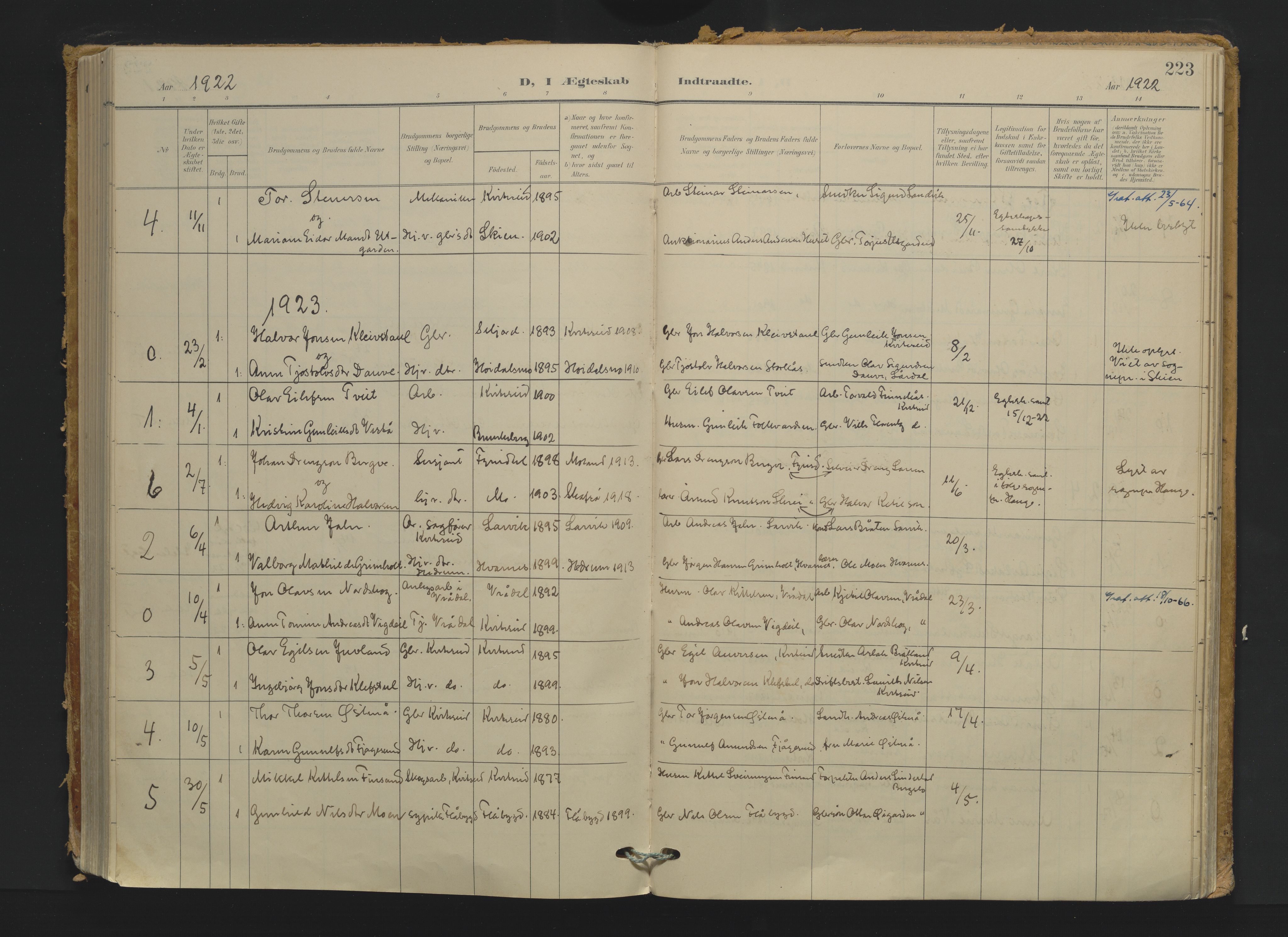 Kviteseid kirkebøker, AV/SAKO-A-276/F/Fa/L0009: Ministerialbok nr. I 9, 1903-1934, s. 223