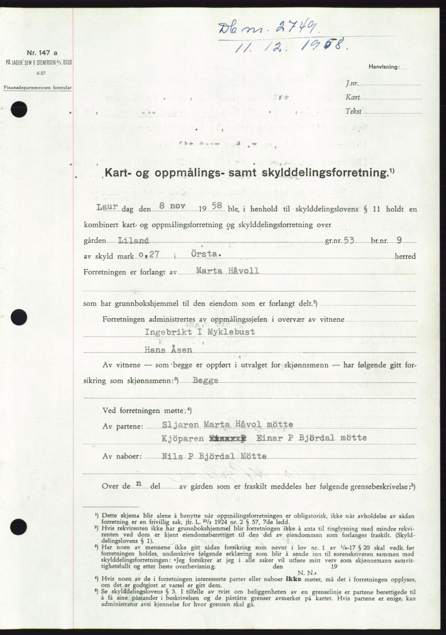 Søre Sunnmøre sorenskriveri, SAT/A-4122/1/2/2C/L0111: Pantebok nr. 37A, 1958-1959, Dagboknr: 2749/1958