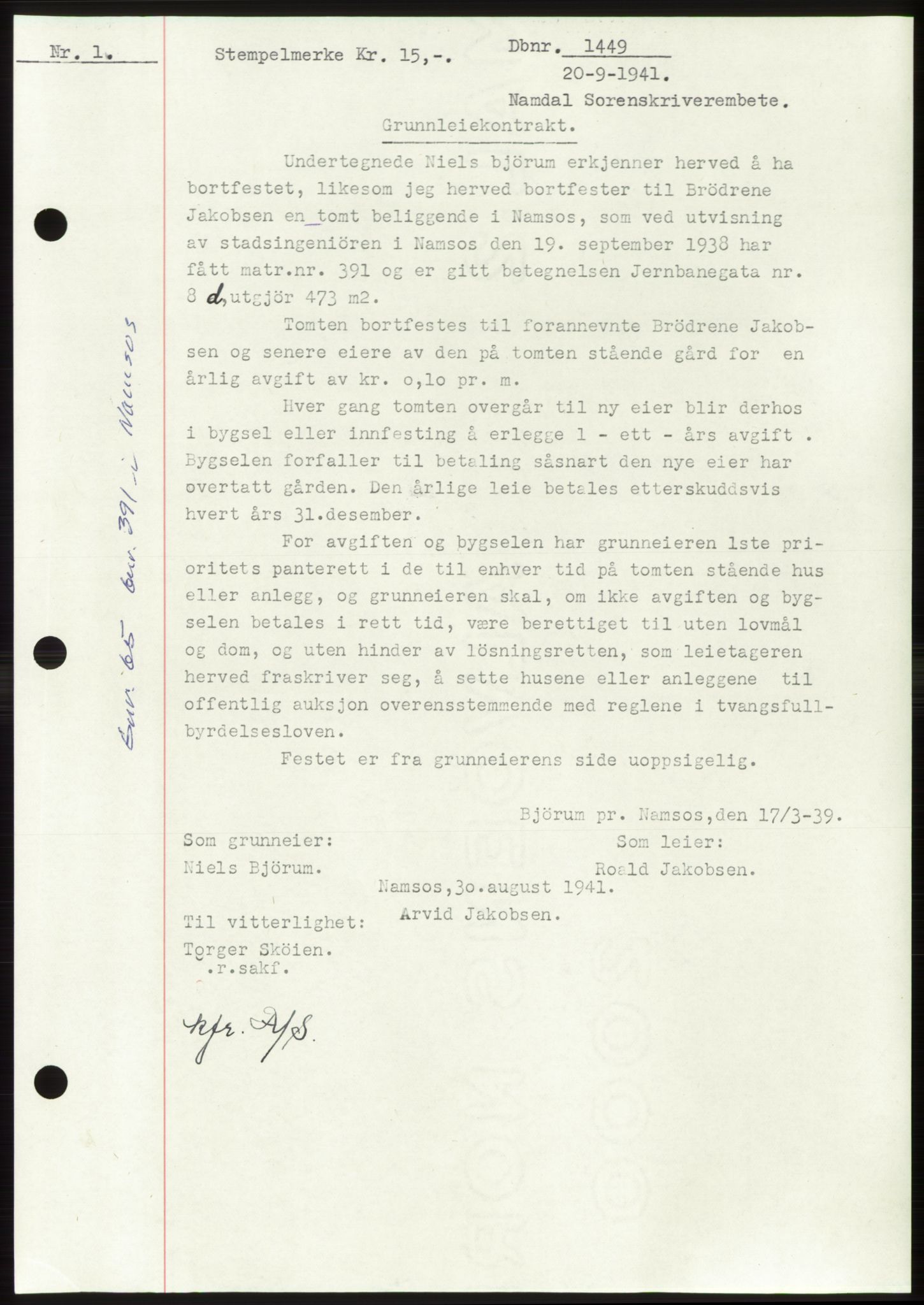 Namdal sorenskriveri, SAT/A-4133/1/2/2C: Pantebok nr. -, 1941-1942, Dagboknr: 1449/1941