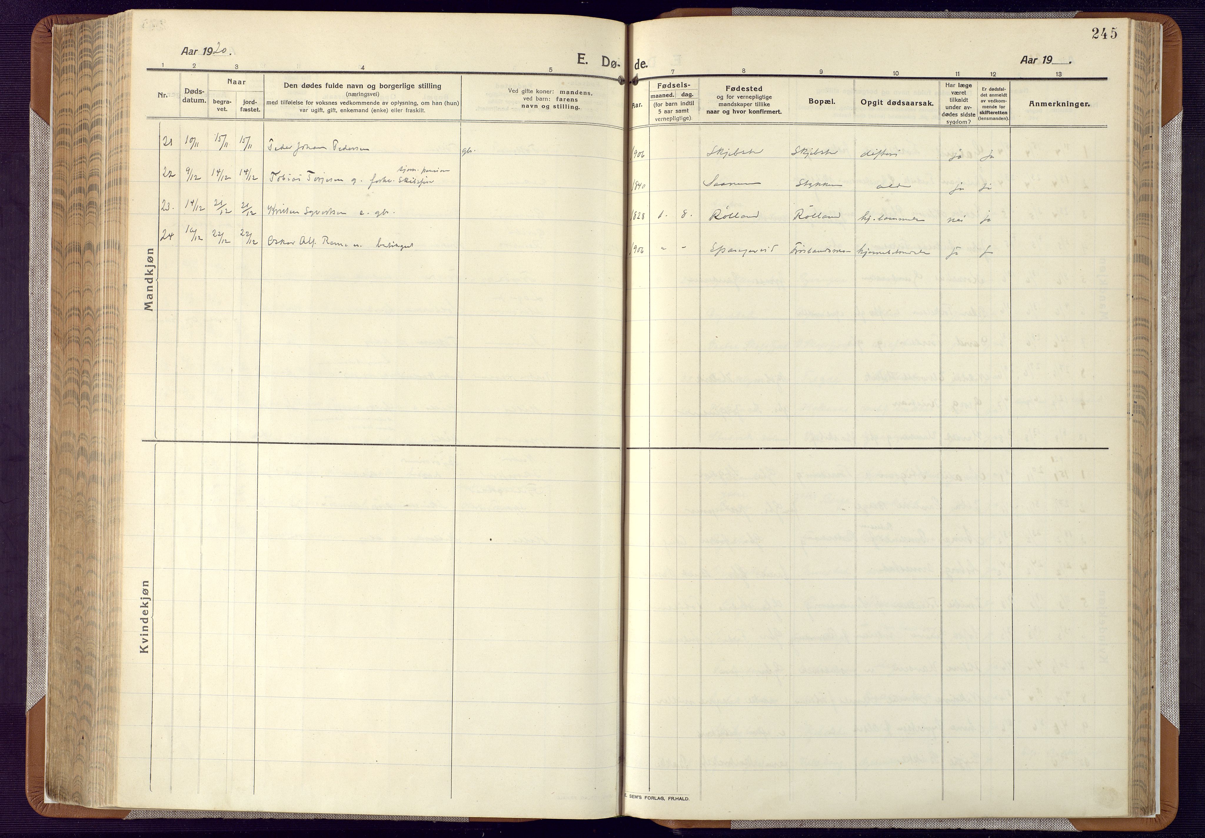 Mandal sokneprestkontor, SAK/1111-0030/F/Fa/Faa/L0022: Ministerialbok nr. A 22, 1913-1925, s. 245