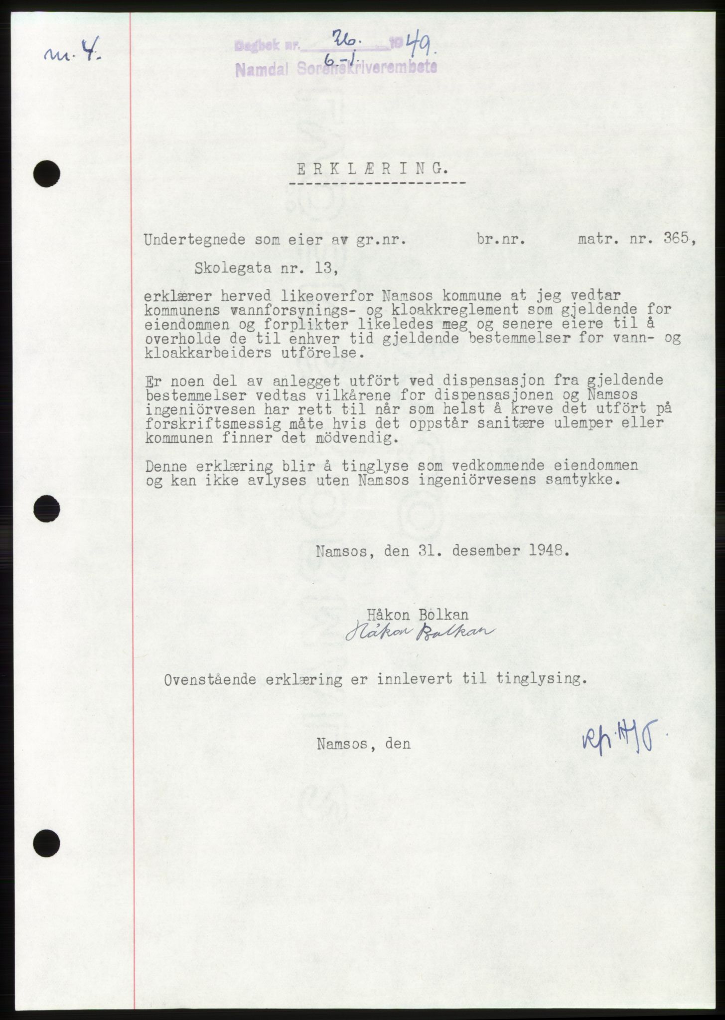 Namdal sorenskriveri, SAT/A-4133/1/2/2C: Pantebok nr. -, 1949-1949, Dagboknr: 26/1949