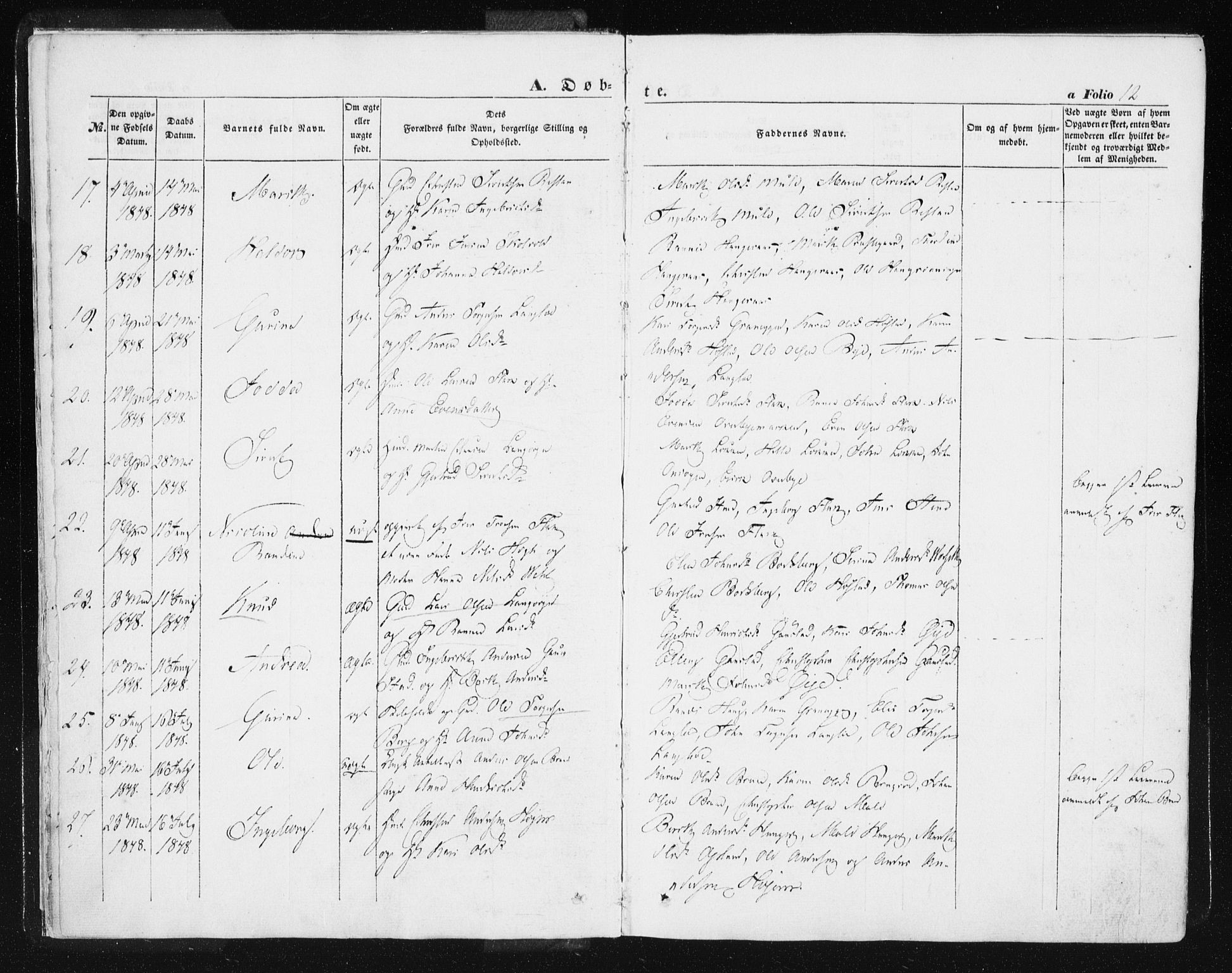 Ministerialprotokoller, klokkerbøker og fødselsregistre - Sør-Trøndelag, SAT/A-1456/612/L0376: Ministerialbok nr. 612A08, 1846-1859, s. 12