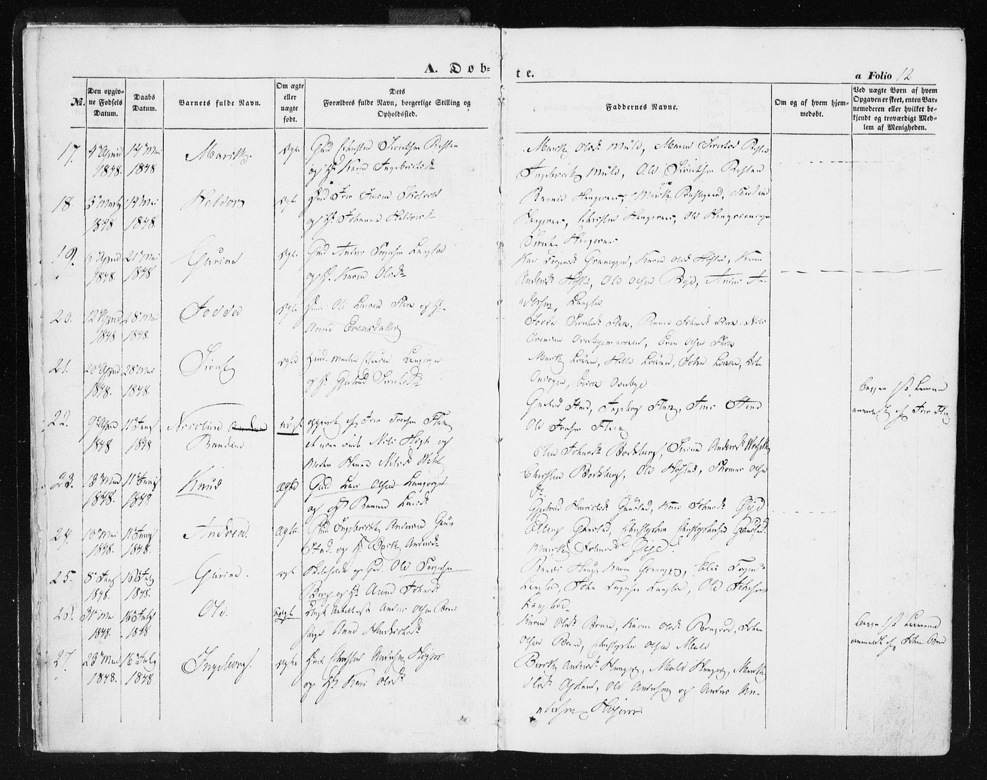 Ministerialprotokoller, klokkerbøker og fødselsregistre - Sør-Trøndelag, AV/SAT-A-1456/612/L0376: Ministerialbok nr. 612A08, 1846-1859, s. 12