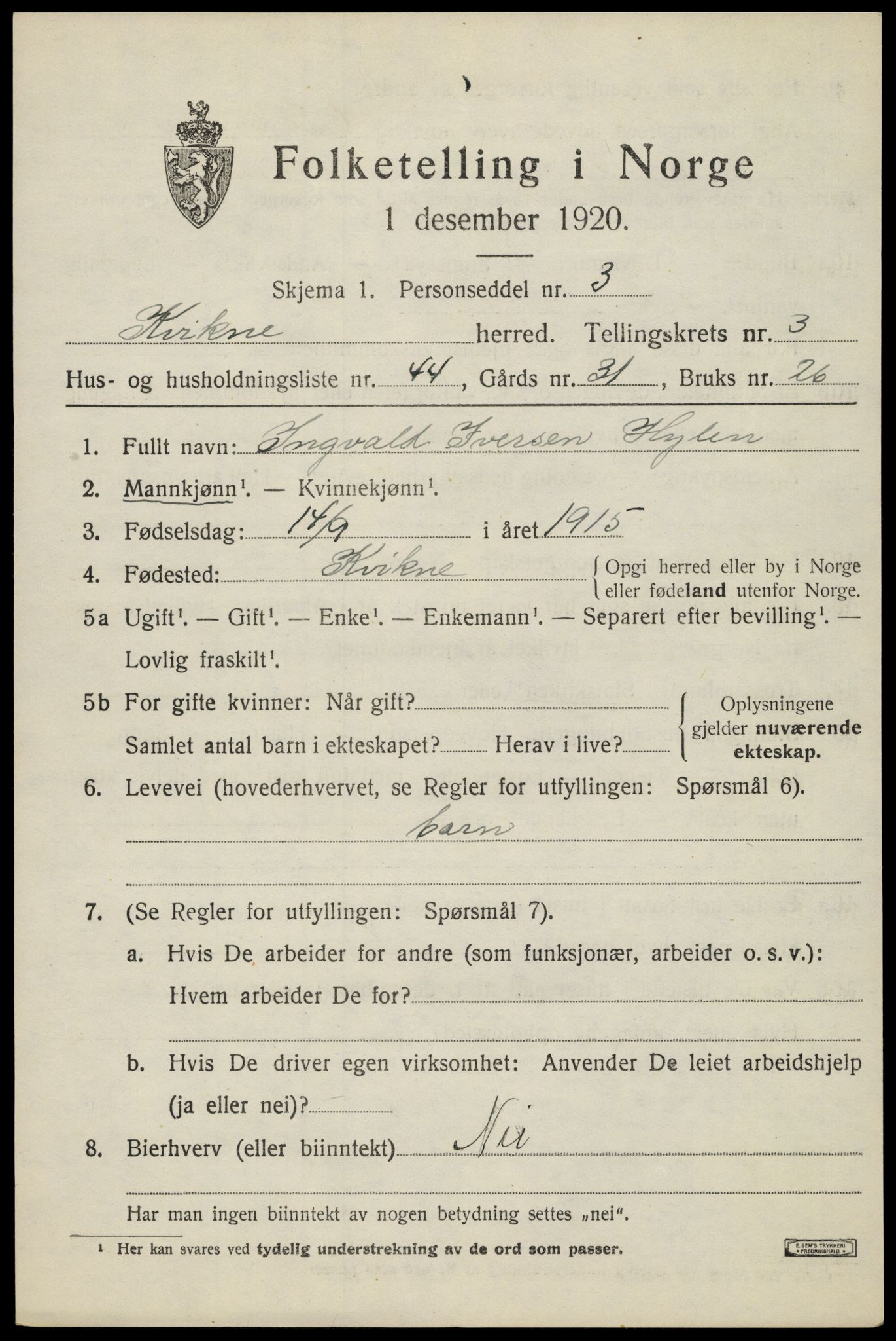 SAH, Folketelling 1920 for 0440 Kvikne herred, 1920, s. 1606