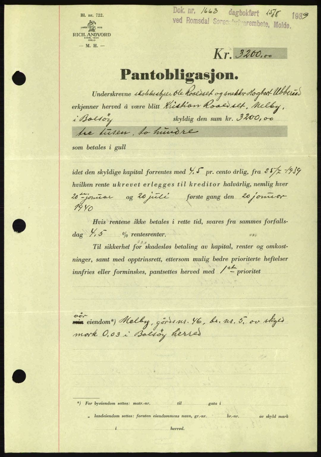 Romsdal sorenskriveri, SAT/A-4149/1/2/2C: Pantebok nr. B2, 1939-1945, Dagboknr: 1663/1939