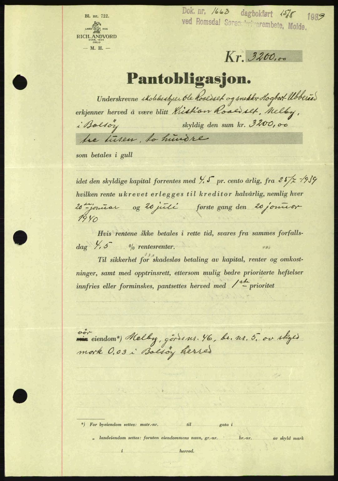 Romsdal sorenskriveri, AV/SAT-A-4149/1/2/2C: Pantebok nr. B2, 1939-1945, Dagboknr: 1663/1939