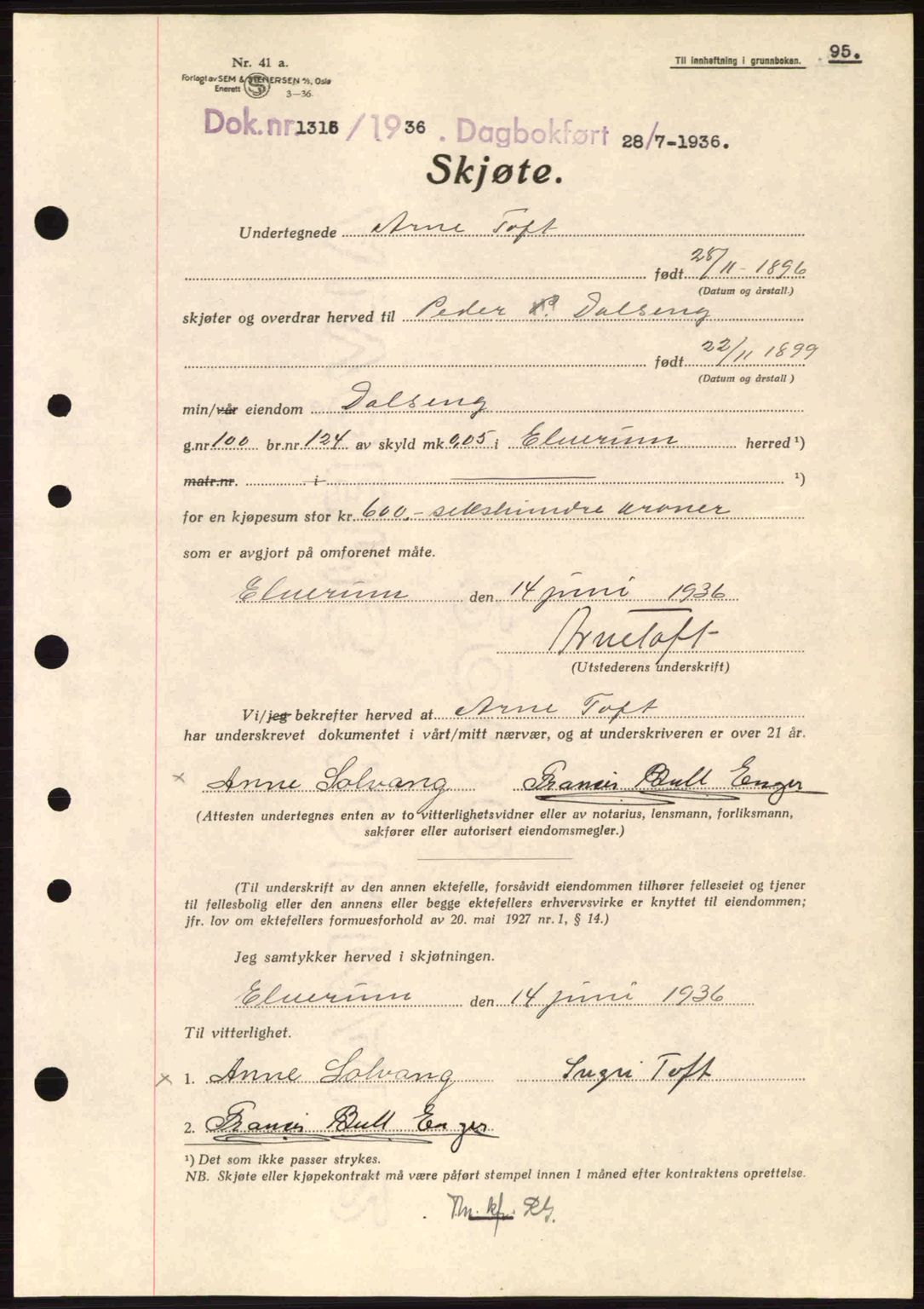 Sør-Østerdal sorenskriveri, SAH/TING-018/H/Hb/Hbb/L0054: Pantebok nr. A54, 1936-1936, Dagboknr: 1315/1936