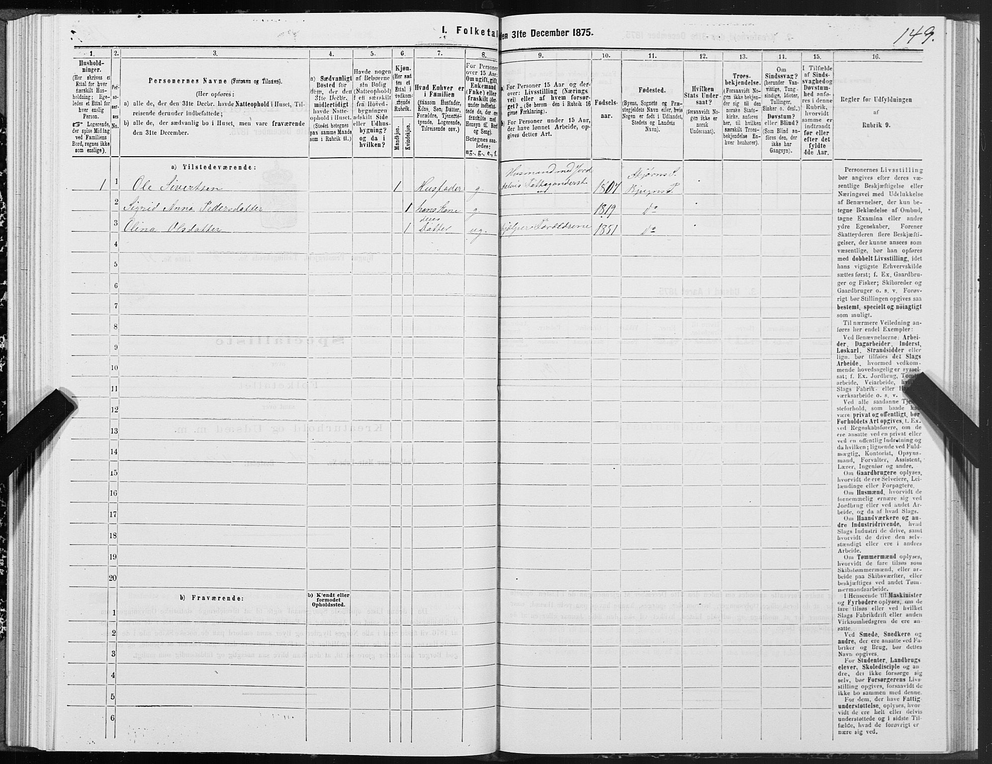 SAT, Folketelling 1875 for 1627P Bjugn prestegjeld, 1875, s. 3149