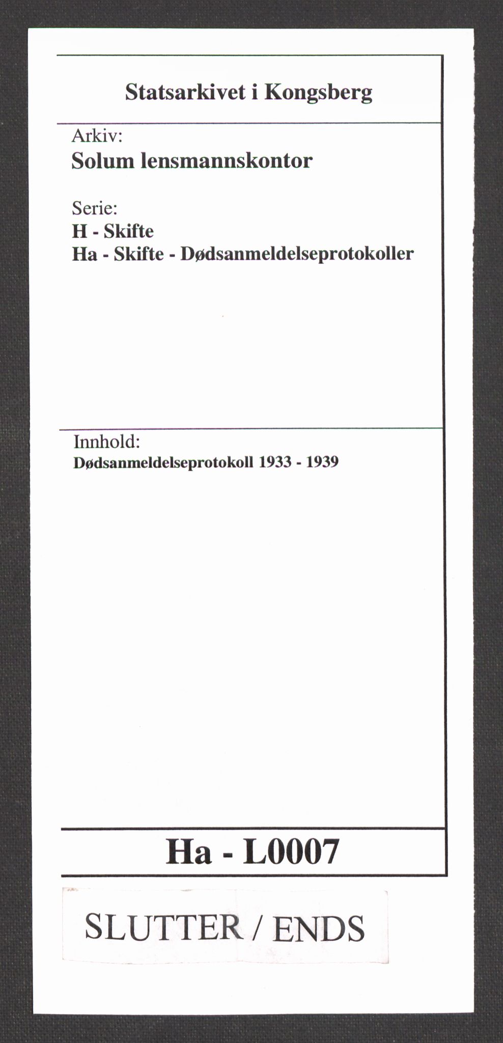 Solum lensmannskontor, AV/SAKO-A-575/H/Ha/L0007: Dødsanmeldelsesprotokoll, 1933-1939