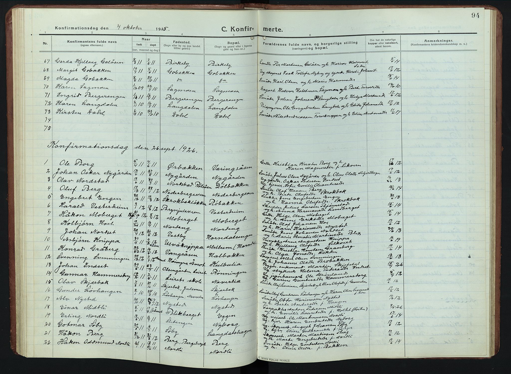 Elverum prestekontor, AV/SAH-PREST-044/H/Ha/Hab/L0011: Klokkerbok nr. 11, 1915-1947, s. 94