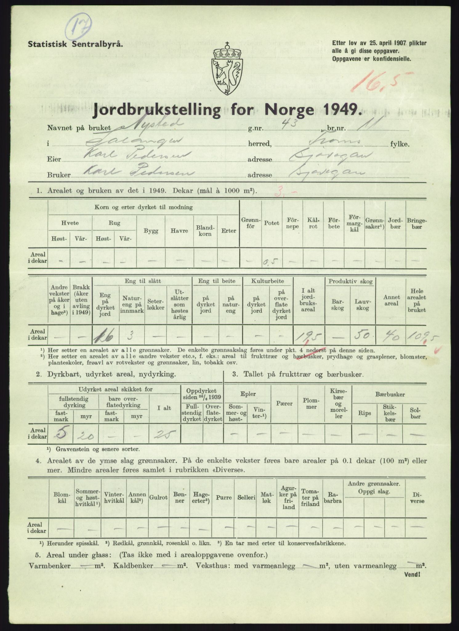 Statistisk sentralbyrå, Næringsøkonomiske emner, Jordbruk, skogbruk, jakt, fiske og fangst, AV/RA-S-2234/G/Gc/L0438: Troms: Salangen og Bardu, 1949, s. 387