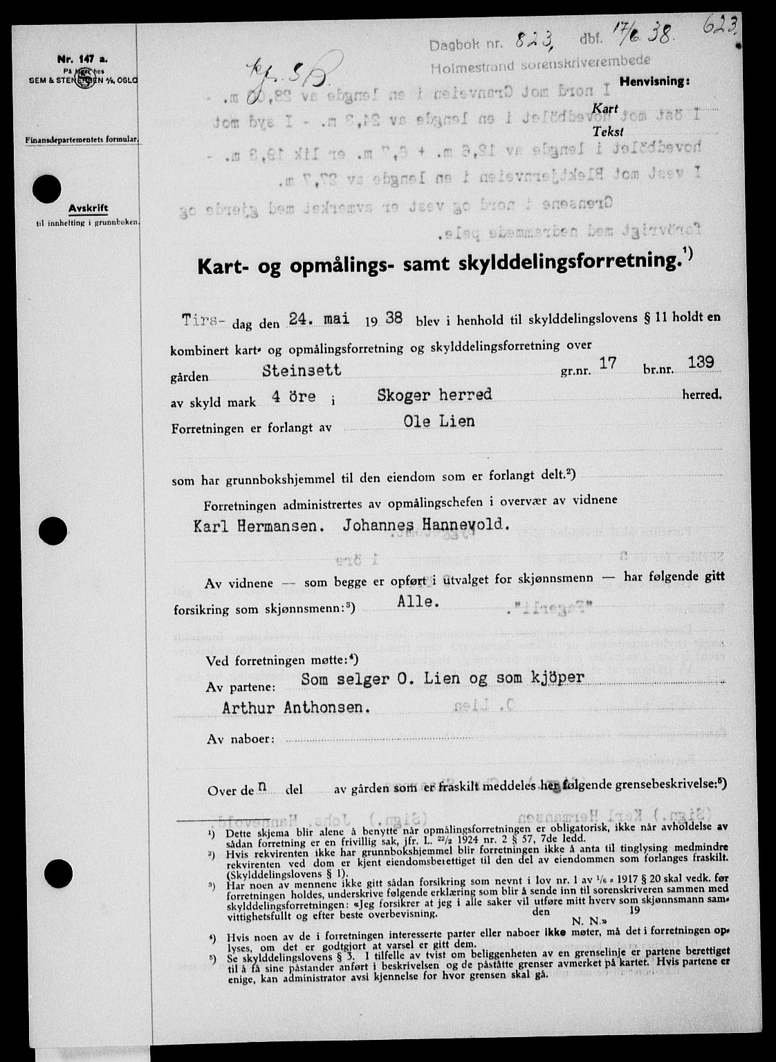 Holmestrand sorenskriveri, SAKO/A-67/G/Ga/Gaa/L0049: Pantebok nr. A-49, 1937-1938, Dagboknr: 823/1938