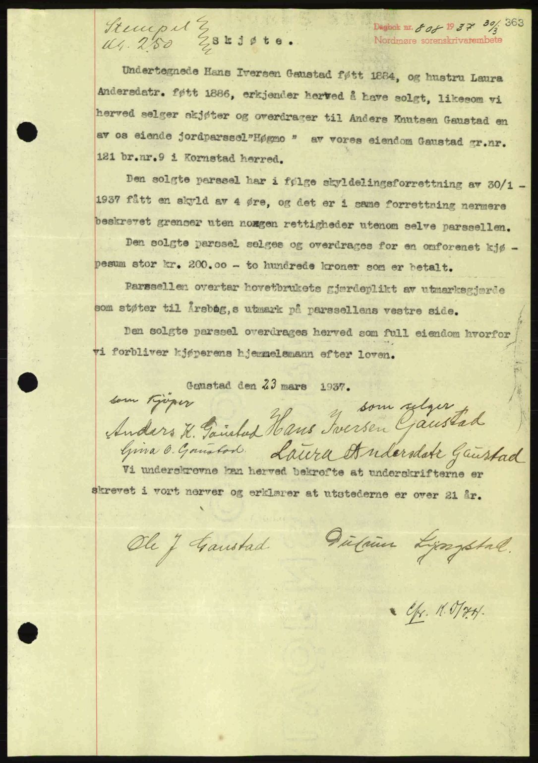 Nordmøre sorenskriveri, SAT/A-4132/1/2/2Ca: Pantebok nr. A81, 1937-1937, Dagboknr: 808/1937