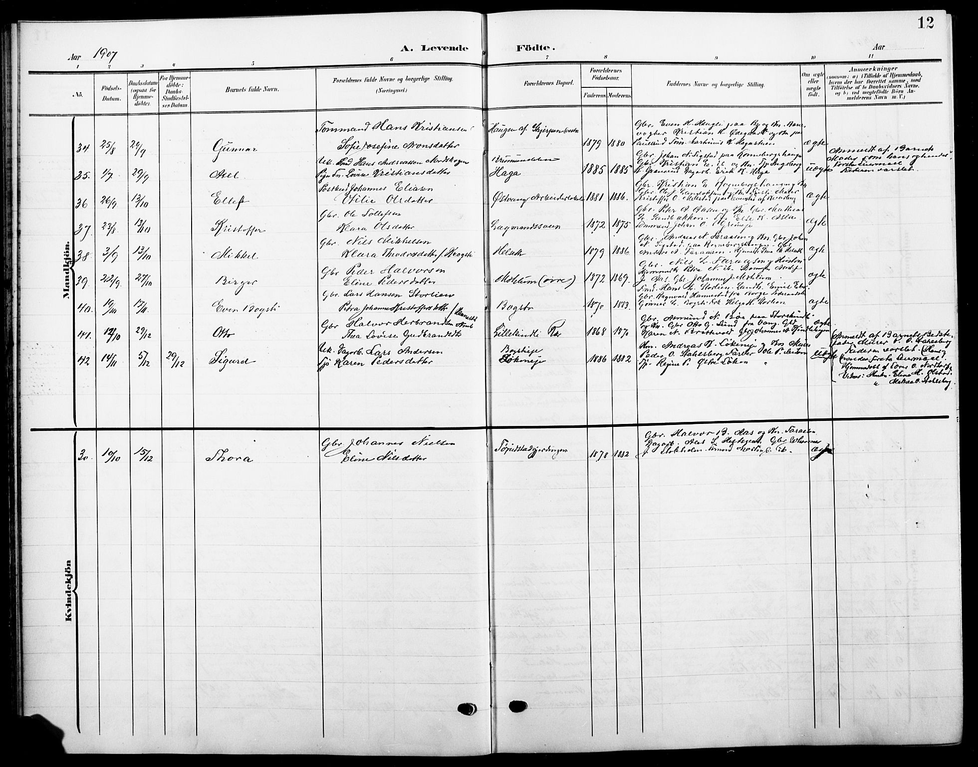 Ringsaker prestekontor, AV/SAH-PREST-014/L/La/L0017: Klokkerbok nr. 17, 1905-1920, s. 12