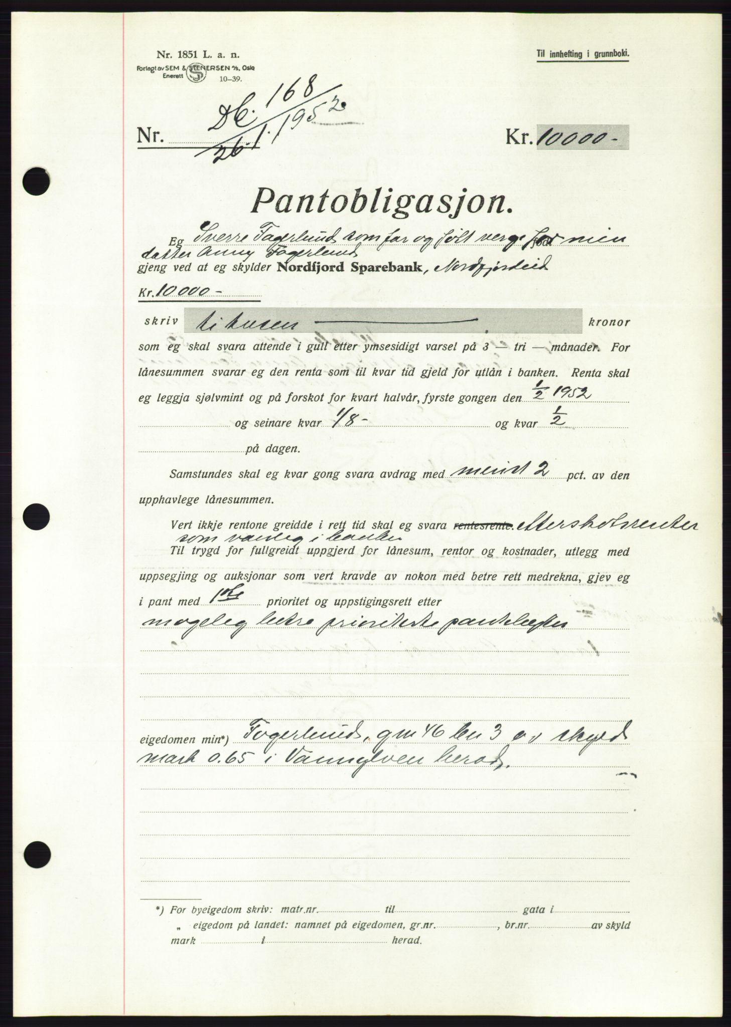 Søre Sunnmøre sorenskriveri, AV/SAT-A-4122/1/2/2C/L0121: Pantebok nr. 9B, 1951-1952, Dagboknr: 168/1952