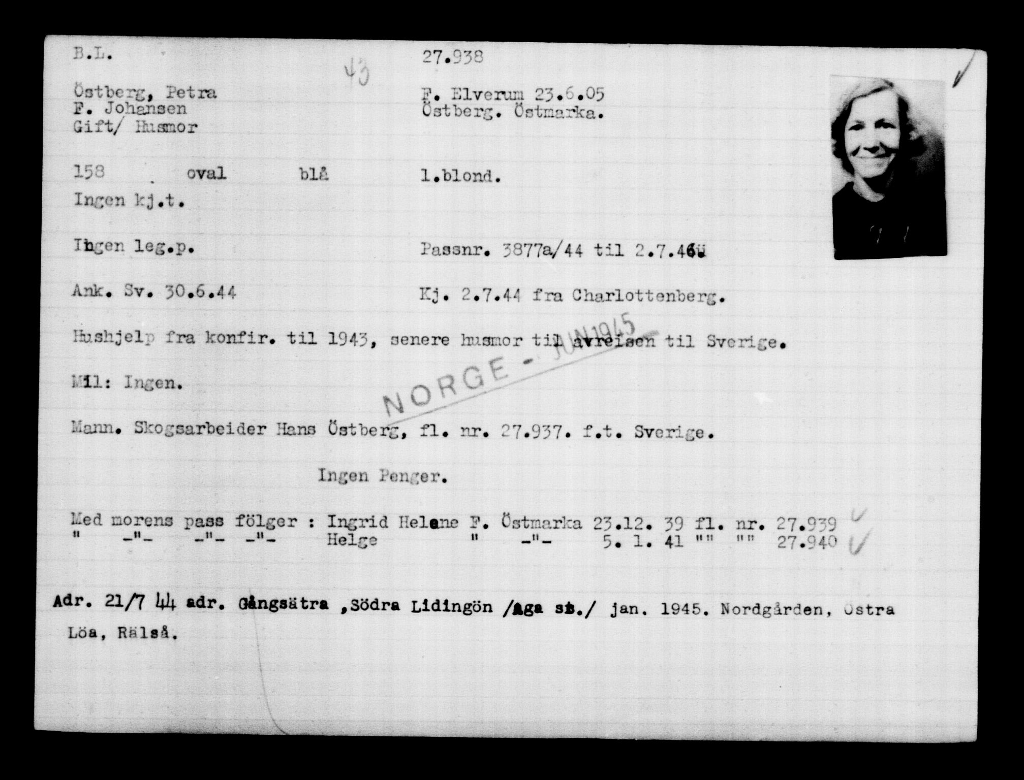 Utenriksstasjonene, Legasjonen i Stockholm, Flyktningkontoret, AV/RA-S-6753/V/Va/L0011: Kjesäterkartoteket, flyktninger med registreringsnr. 25300-28349, 1940-1945, s. 2812