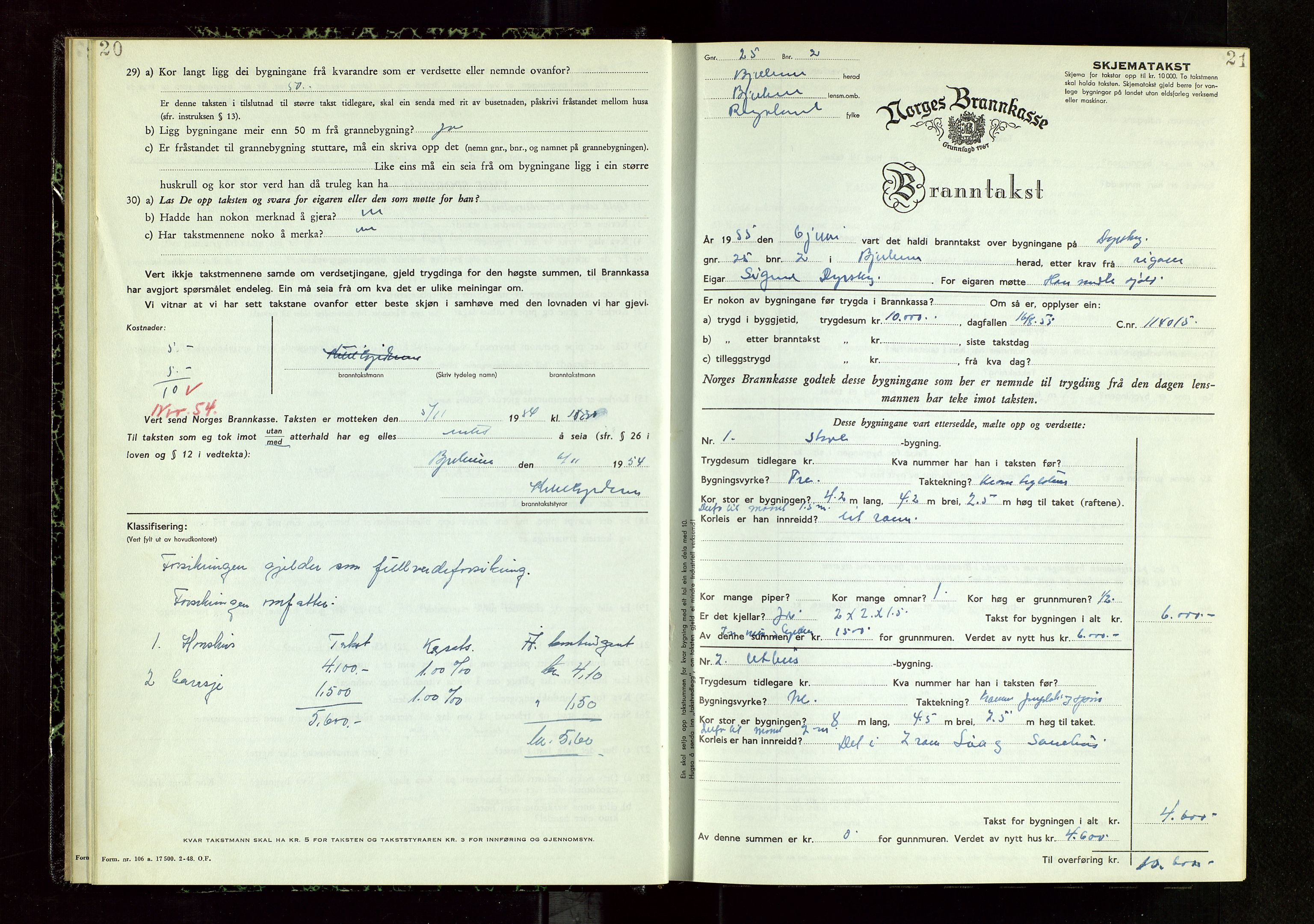 Bjerkreim lensmannskontor, AV/SAST-A-100090/Gob/L0002: "Branntakstprotokoll", 1950-1955, s. 20-21