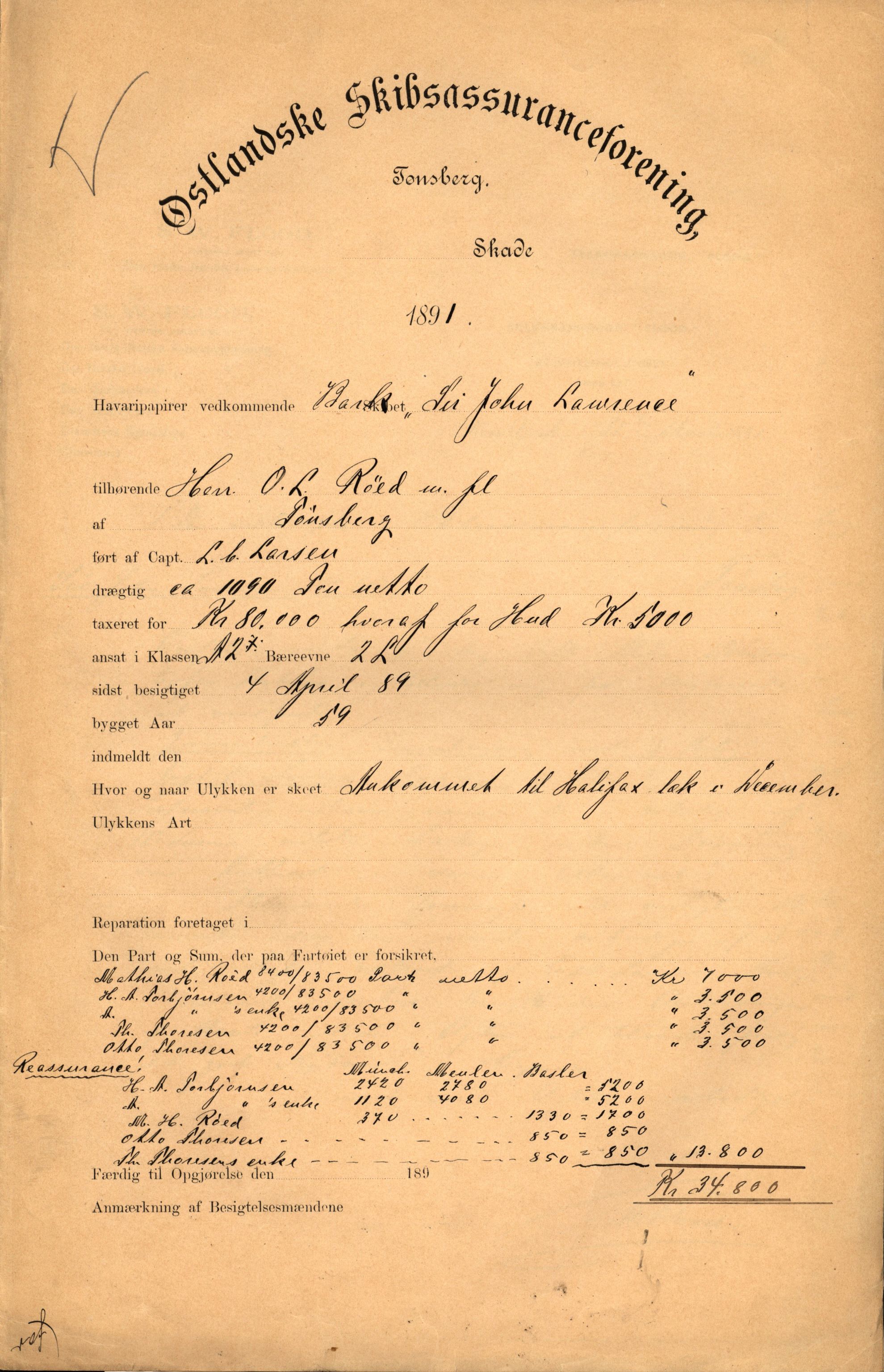 Pa 63 - Østlandske skibsassuranceforening, VEMU/A-1079/G/Ga/L0027/0002: Havaridokumenter / Jarlen, Jarl, St. Petersburg, Sir John Lawrence, Sirius, 1891, s. 71