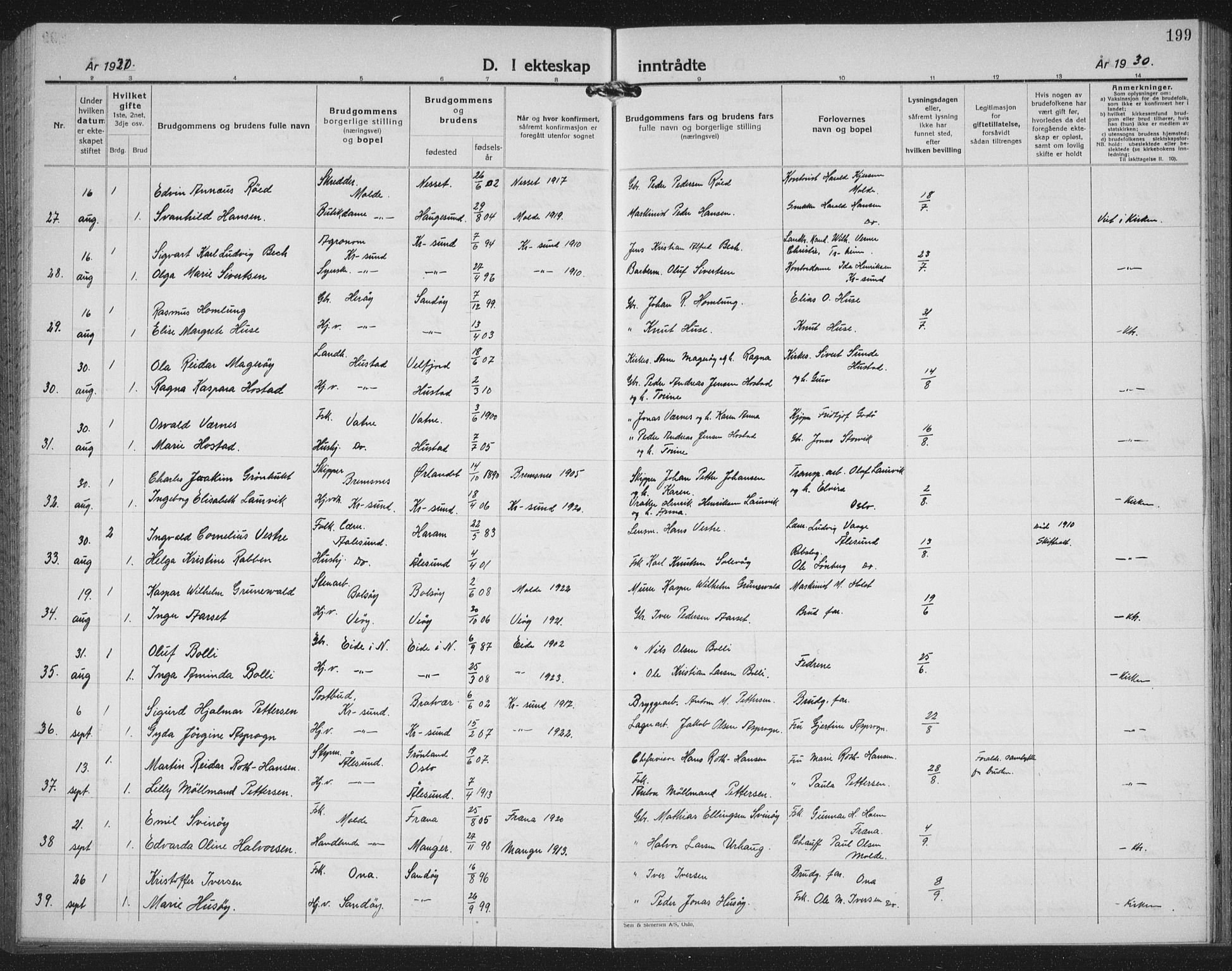 Ministerialprotokoller, klokkerbøker og fødselsregistre - Møre og Romsdal, SAT/A-1454/558/L0704: Klokkerbok nr. 558C05, 1921-1942, s. 199