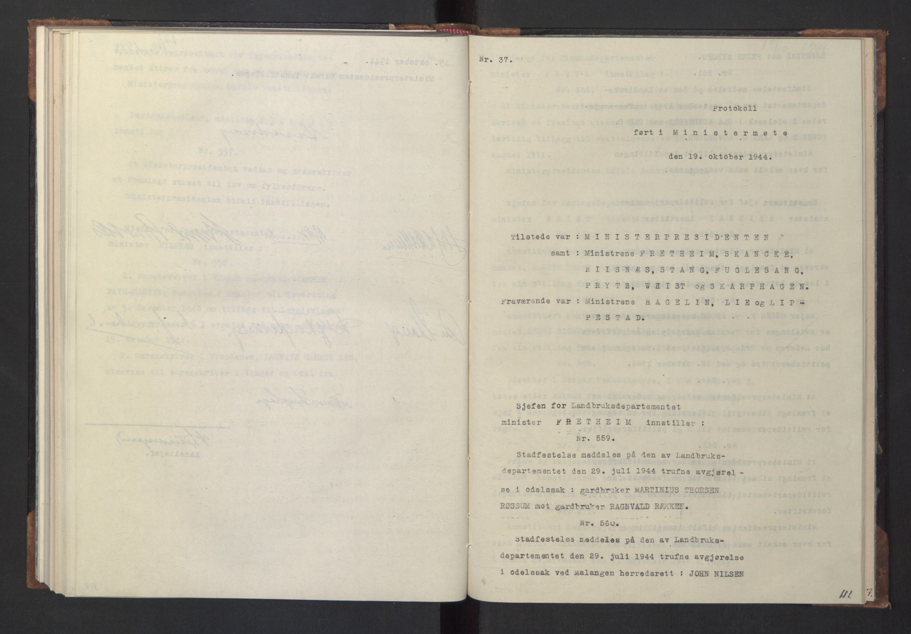 NS-administrasjonen 1940-1945 (Statsrådsekretariatet, de kommisariske statsråder mm), RA/S-4279/D/Da/L0005: Protokoll fra ministermøter, 1944, s. 113