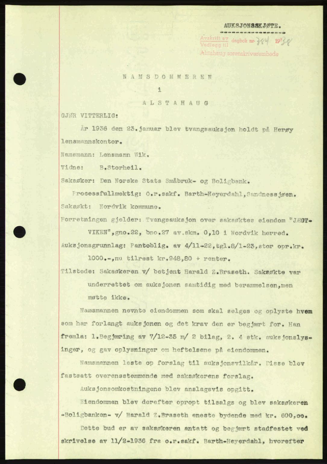 Alstahaug sorenskriveri, SAT/A-1009: Pantebok nr. A3, 1937-1938, Dagboknr: 384/1938