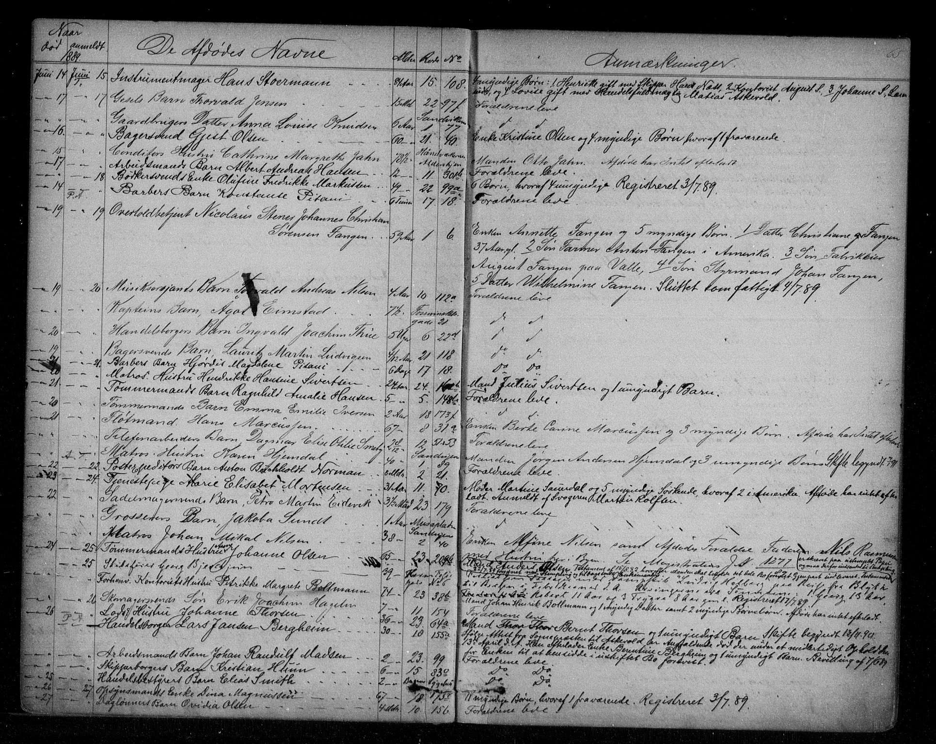 Byfogd og Byskriver i Bergen, AV/SAB-A-3401/06/06Na/L0005: Dødsfallsjournaler, 1886-1892, s. 64b-65a