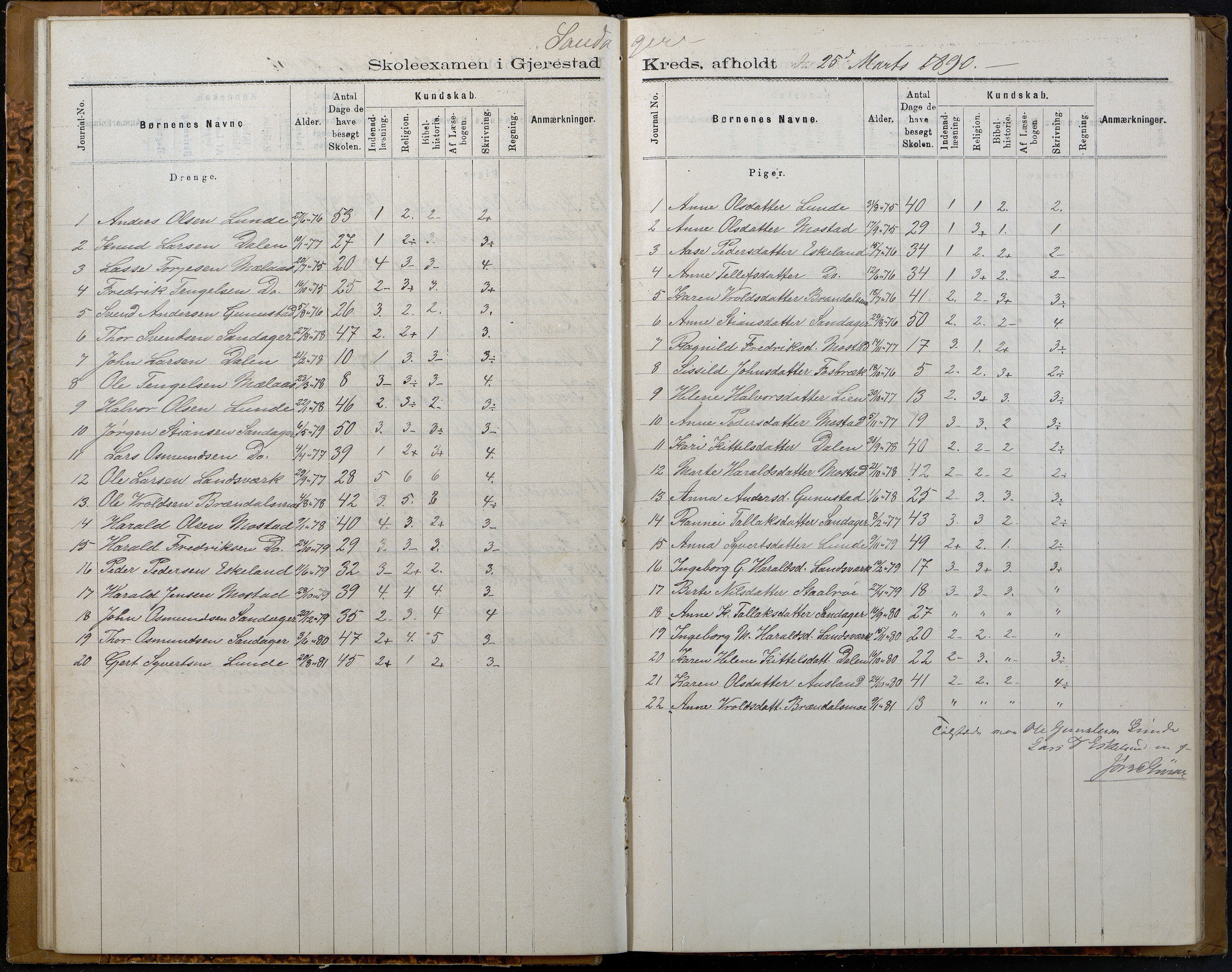 Gjerstad Kommune, Gjerstad Skole, AAKS/KA0911-550a/F02/L0007: Eksamensprotokoll Gjerstad hovedsogn, 1889-1892