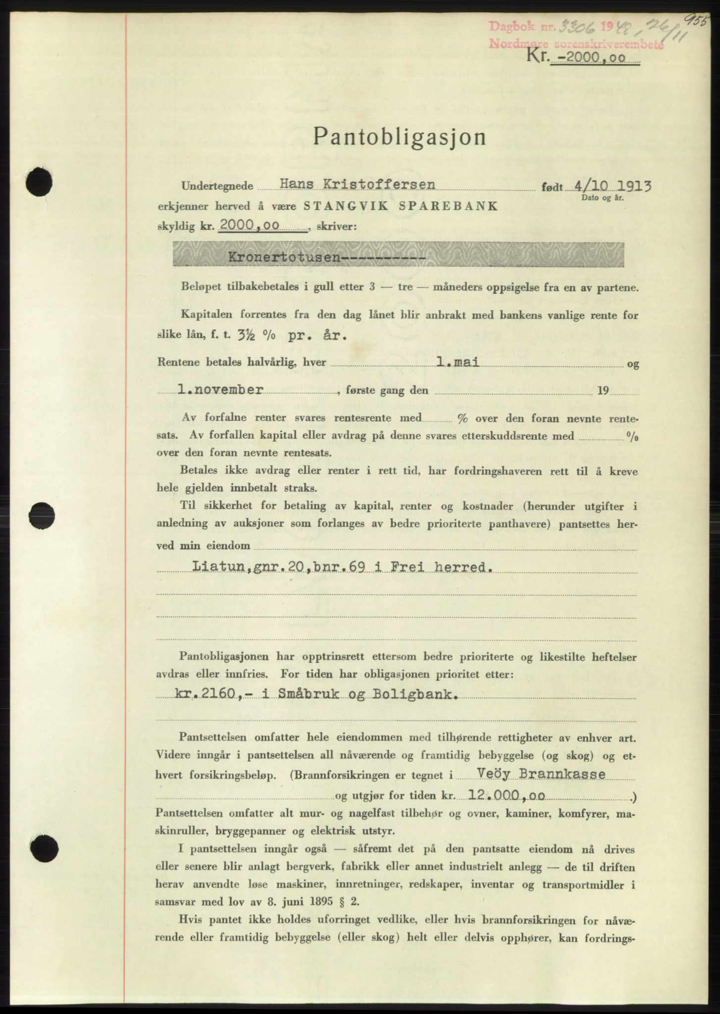 Nordmøre sorenskriveri, SAT/A-4132/1/2/2Ca: Pantebok nr. B100, 1948-1949, Dagboknr: 3306/1948