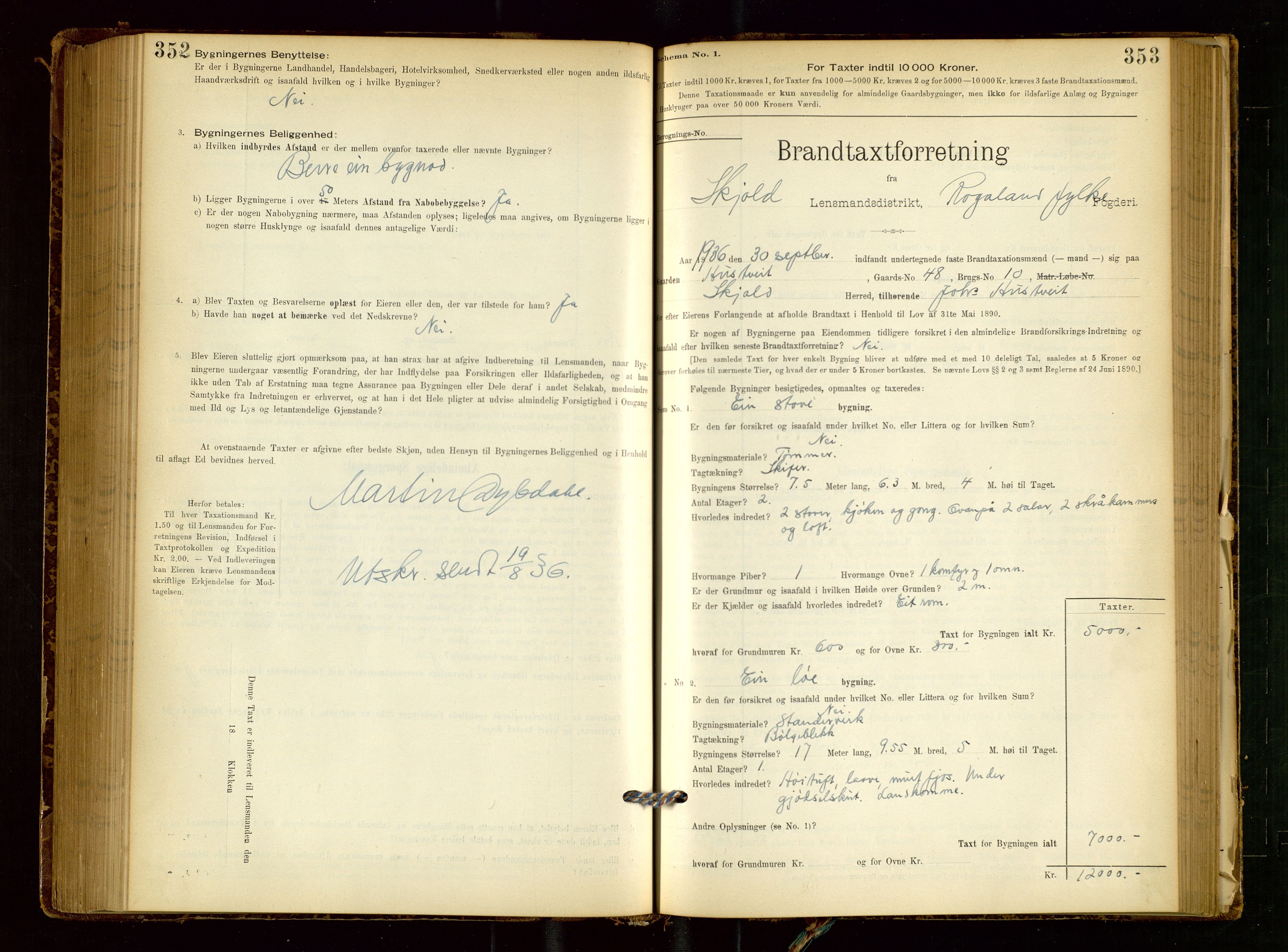 Skjold lensmannskontor, SAST/A-100182/Gob/L0001: "Brandtaxationsprotokol for Skjold Lensmandsdistrikt Ryfylke Fogderi", 1894-1939, s. 352-353