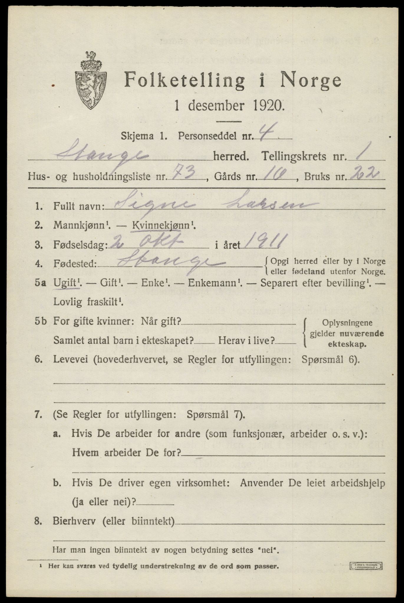 SAH, Folketelling 1920 for 0417 Stange herred, 1920, s. 3797